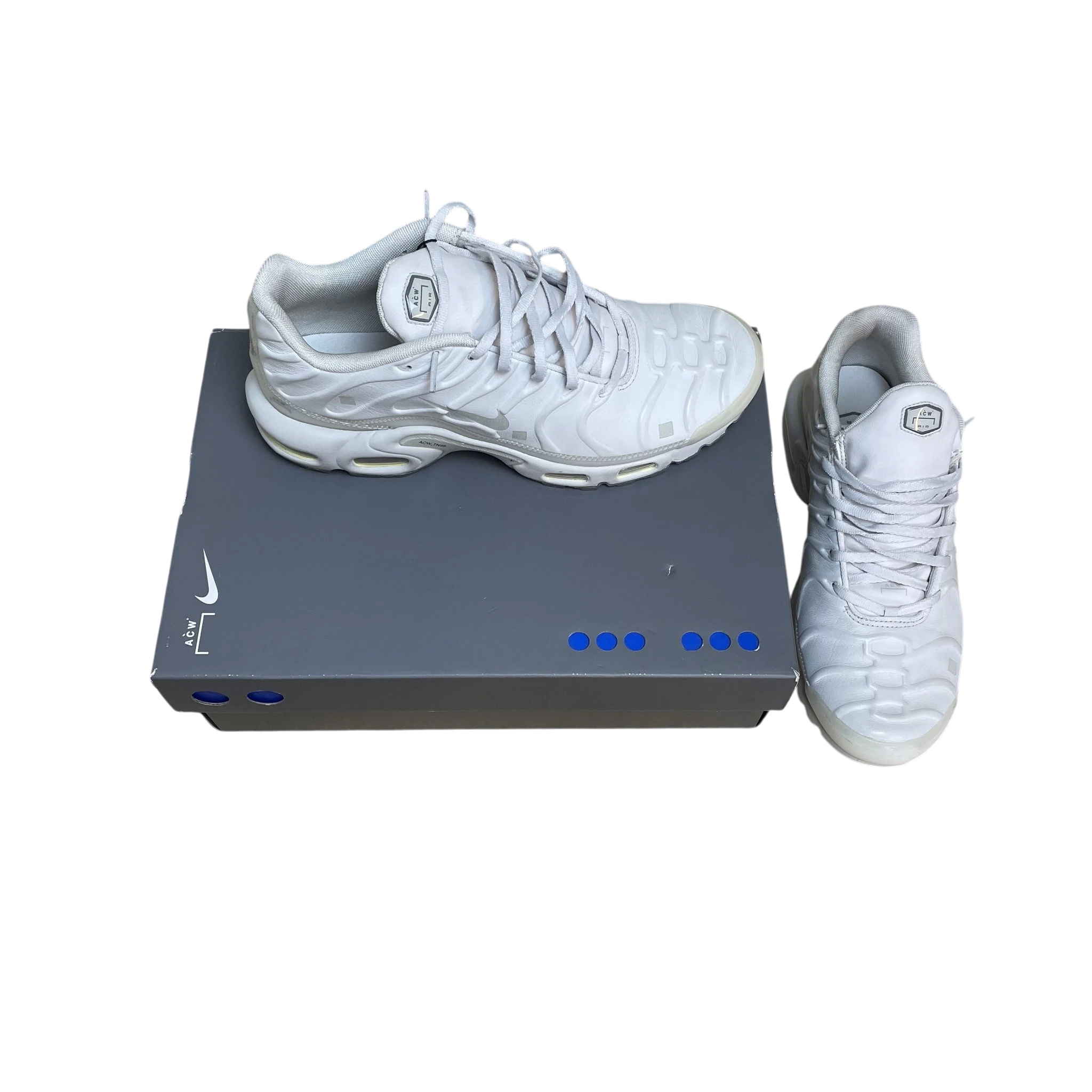 Zenno Archive ACW x Nike Air Max Plus TN sneakers in light bone with matching grey branded shoebox