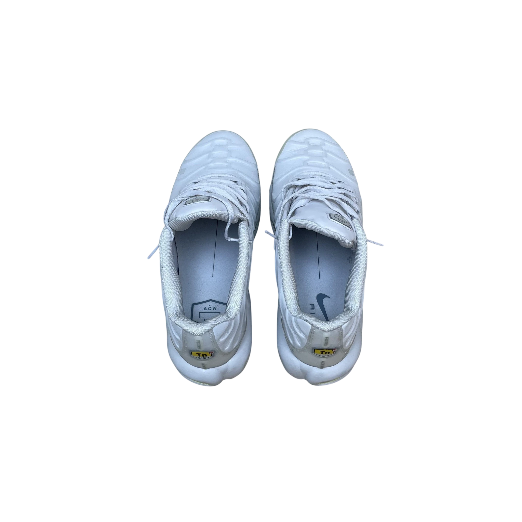 Zenno Archive ACW x Nike Air Max Plus TN sneakers in light bone white, top-down view showing interior branding.
