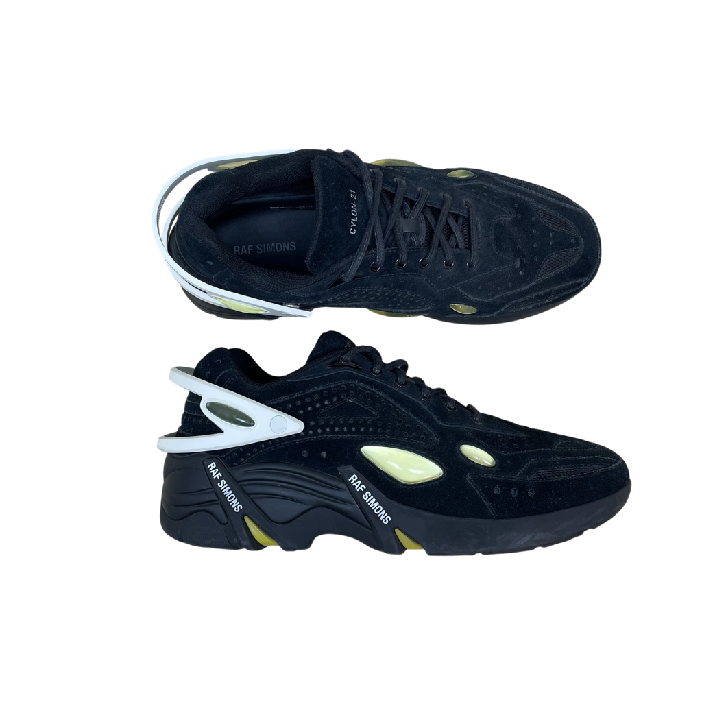 Zenno Archive Adidas x Raf Simons Cylon-21 black suede sneakers with white heel detail and yellow accents