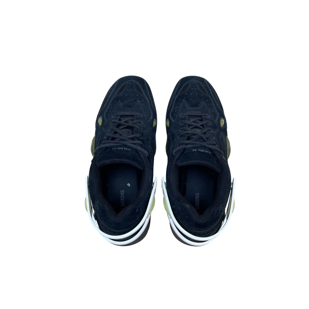 Zenno Archive Adidas x Raf Simons Cylon-21 black suede sneakers with white heel detail, top-down view.
