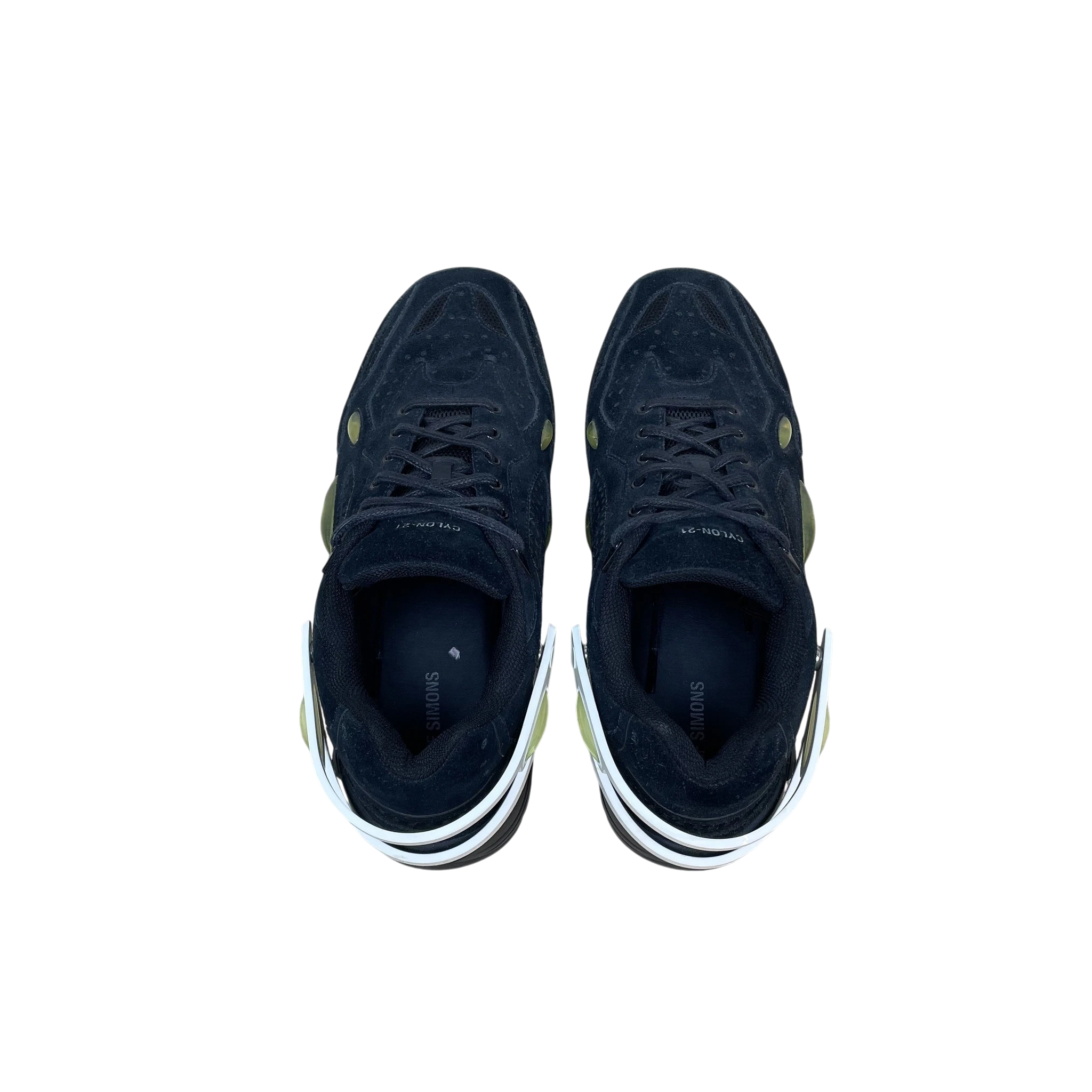 Zenno Archive Adidas x Raf Simons Cylon-21 black suede sneakers with white heel detail, top-down view.