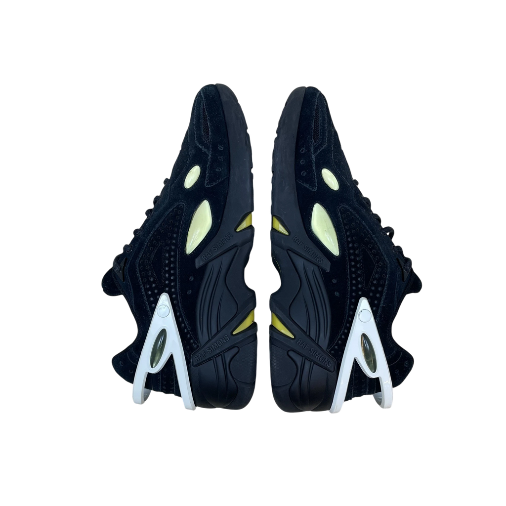 Zenno Archive Adidas x Raf Simons Cylon-21 black suede sneakers with white heel accents and yellow side details