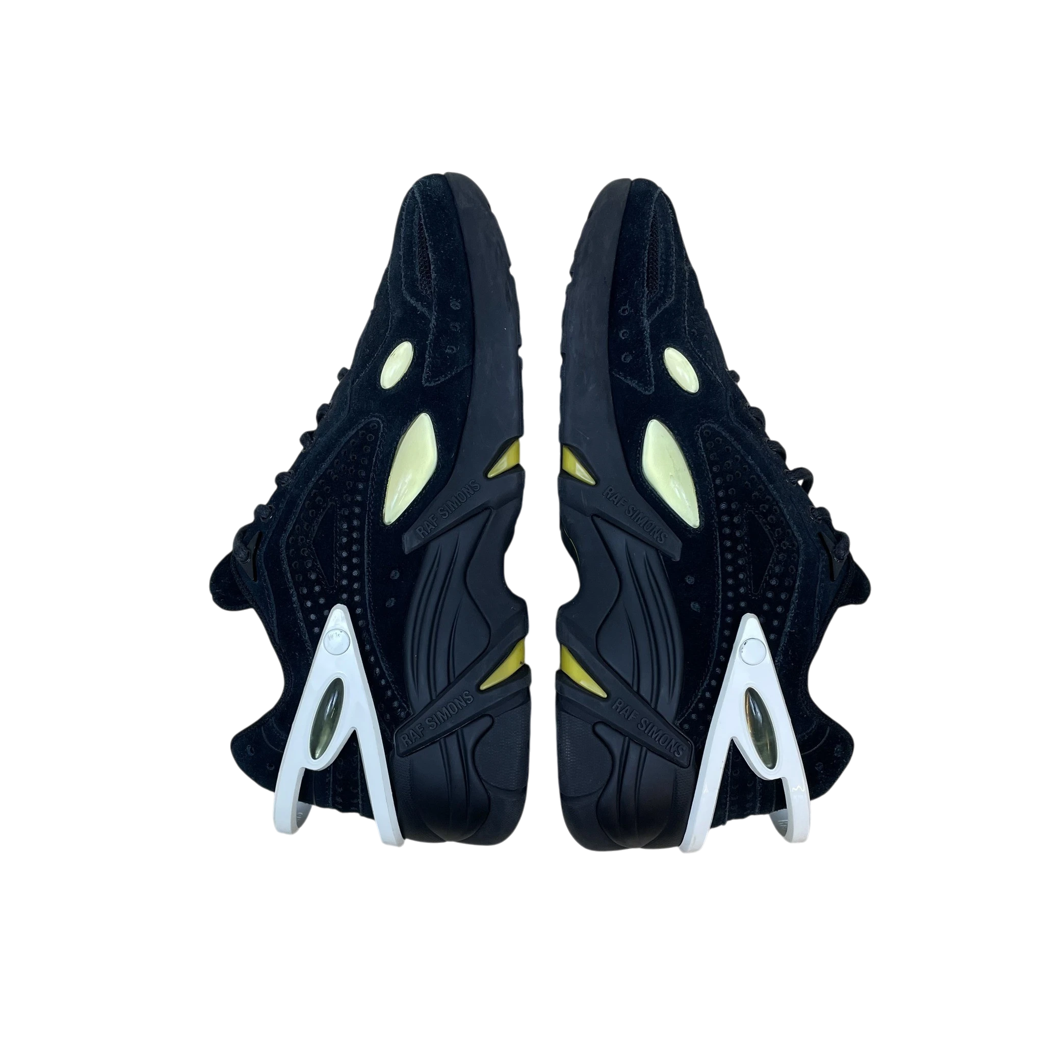 Zenno Archive Adidas x Raf Simons Cylon-21 black suede sneakers with white heel accents and yellow side details