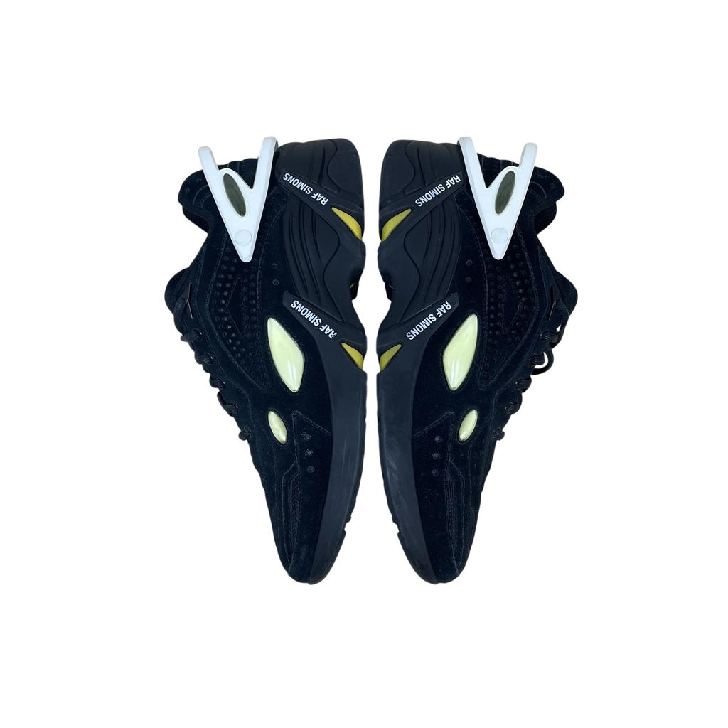 Zenno Archive Adidas x Raf Simons Cylon-21 black suede sneakers with white heel clips and yellow accents