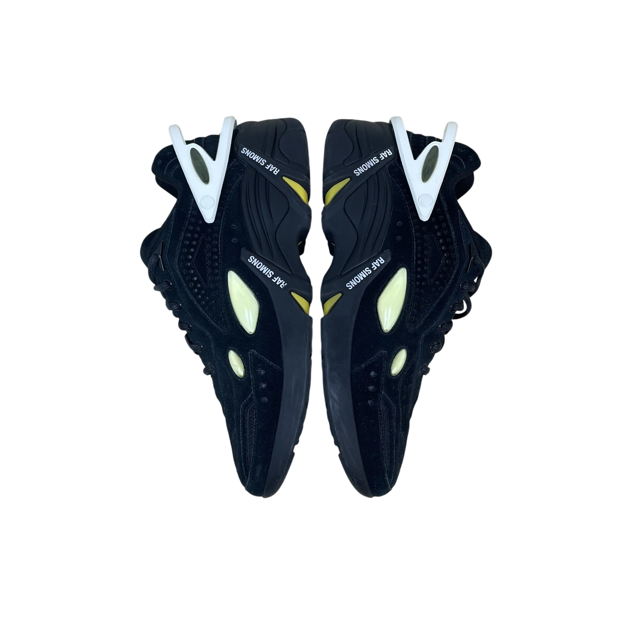 Zenno Archive Adidas x Raf Simons Cylon-21 black suede sneakers with white heel clips and yellow accents