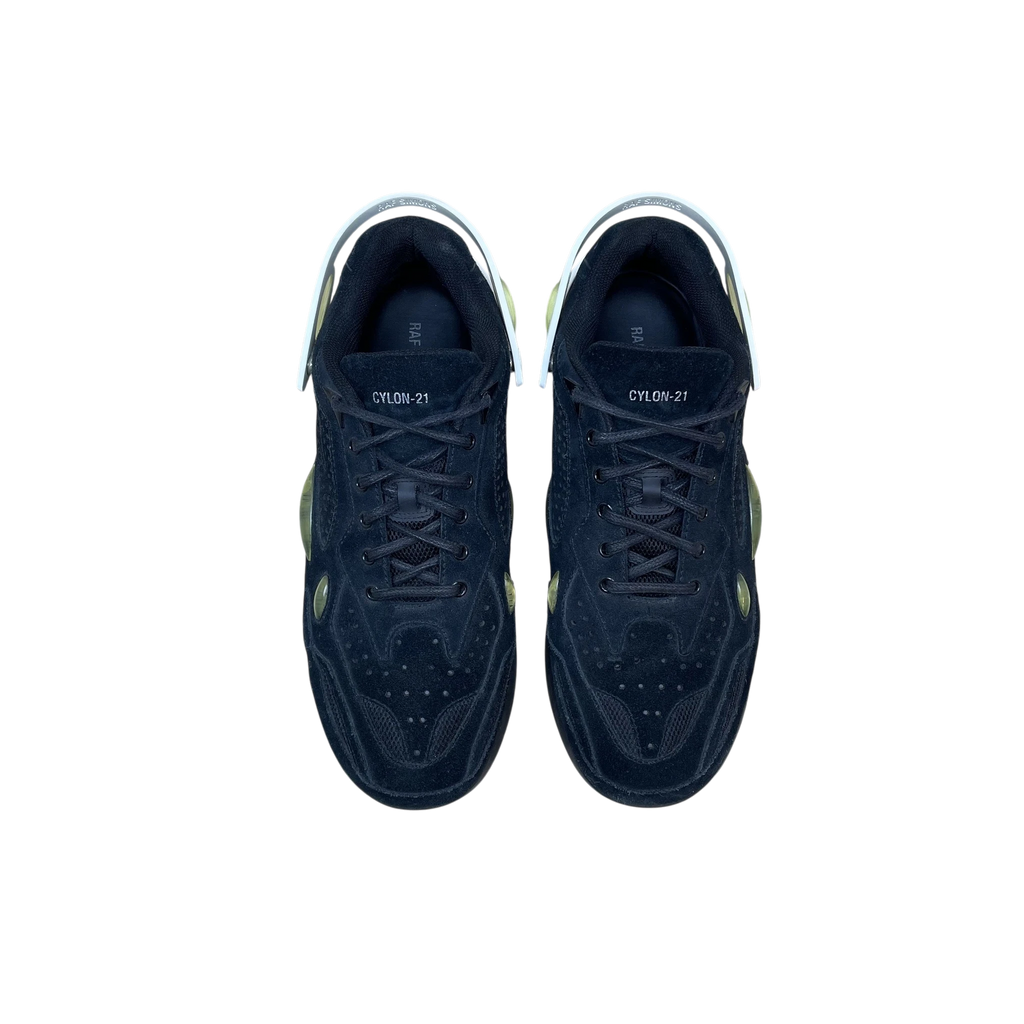Zenno Archive Adidas x Raf Simons Cylon-21 black suede sneakers with white heel detail and mesh accents