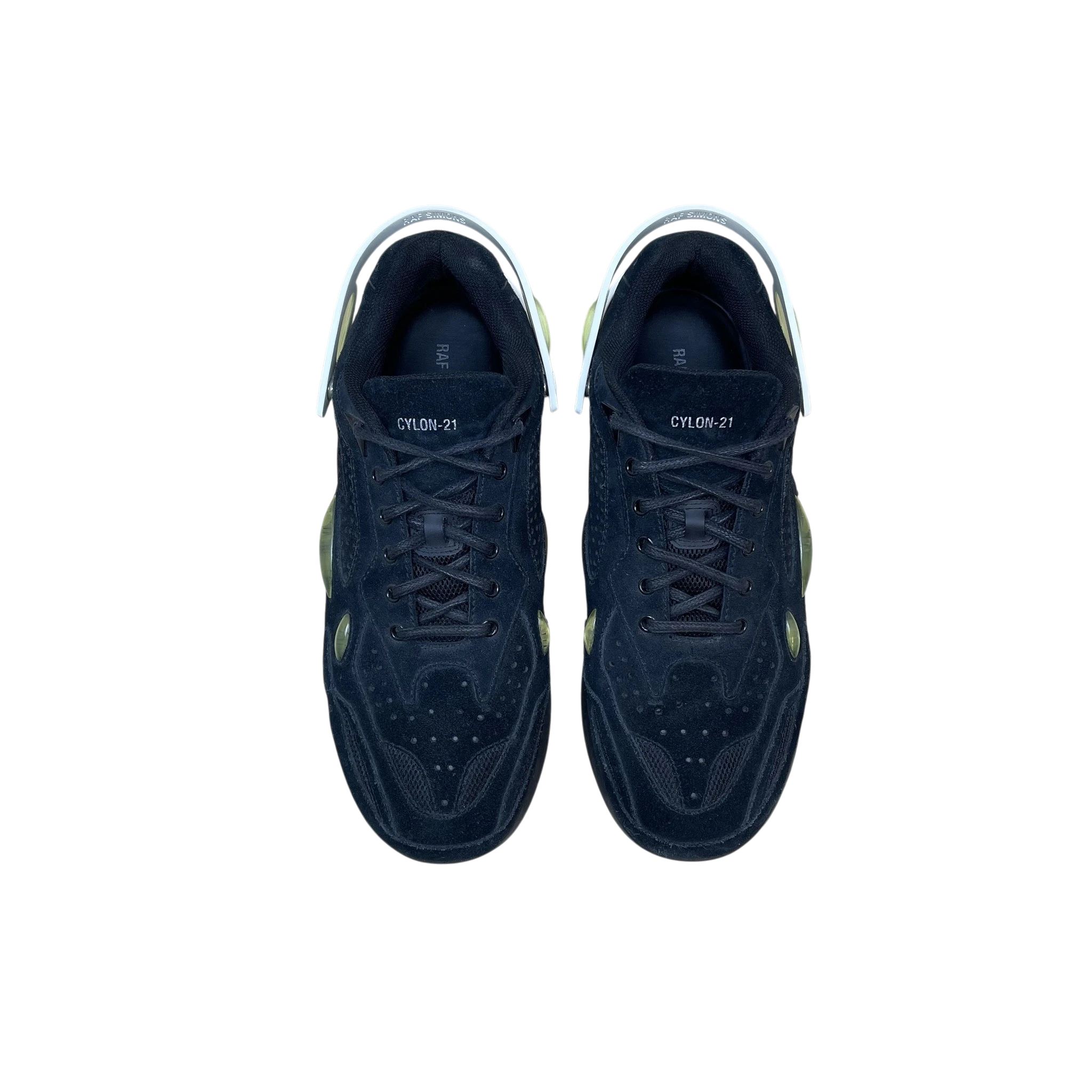 Zenno Archive Adidas x Raf Simons Cylon-21 black suede sneakers with white heel detail and mesh accents
