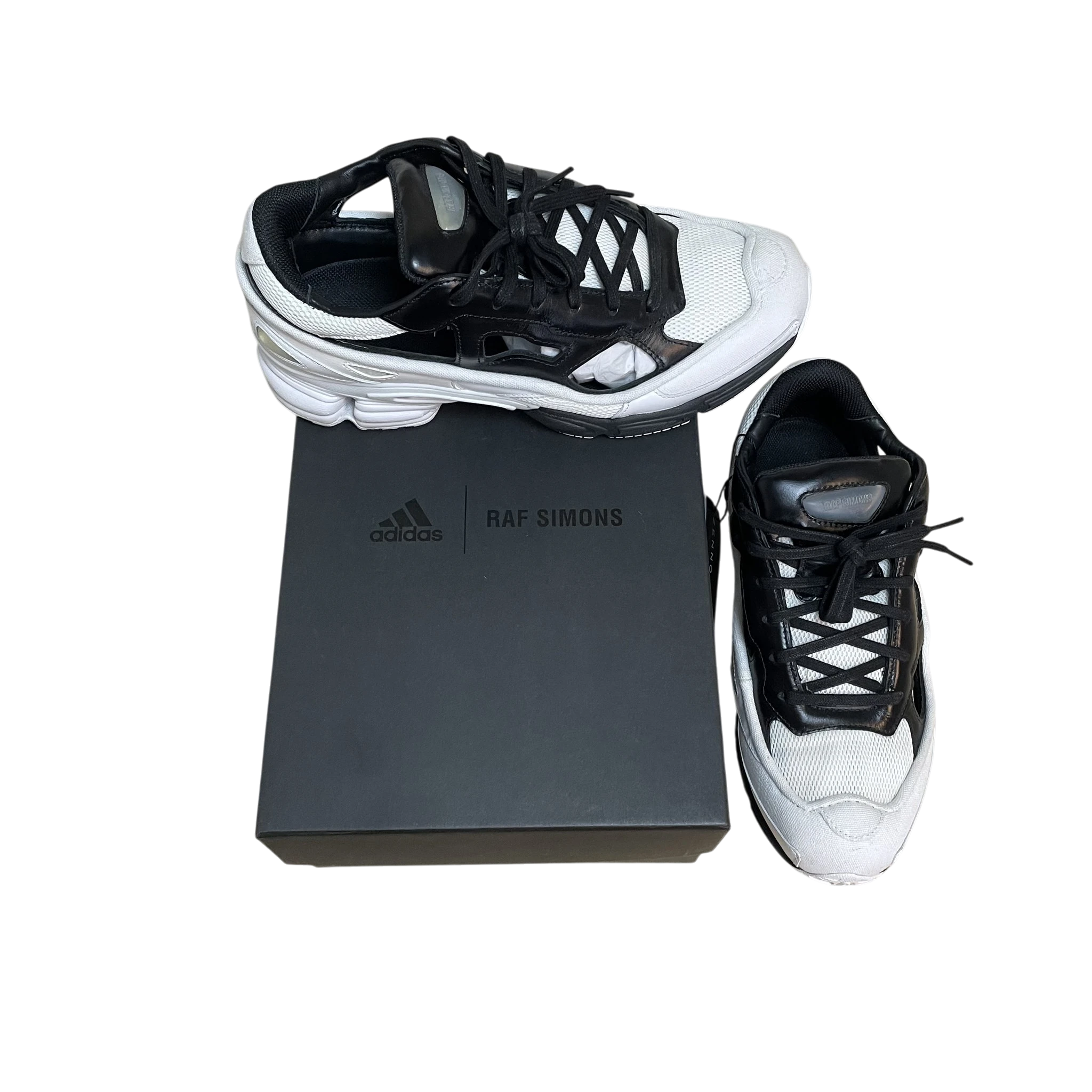 Zenno Archive Adidas x Raf Simons Ozweego Replicant sneakers in black and cream with original branded shoe box