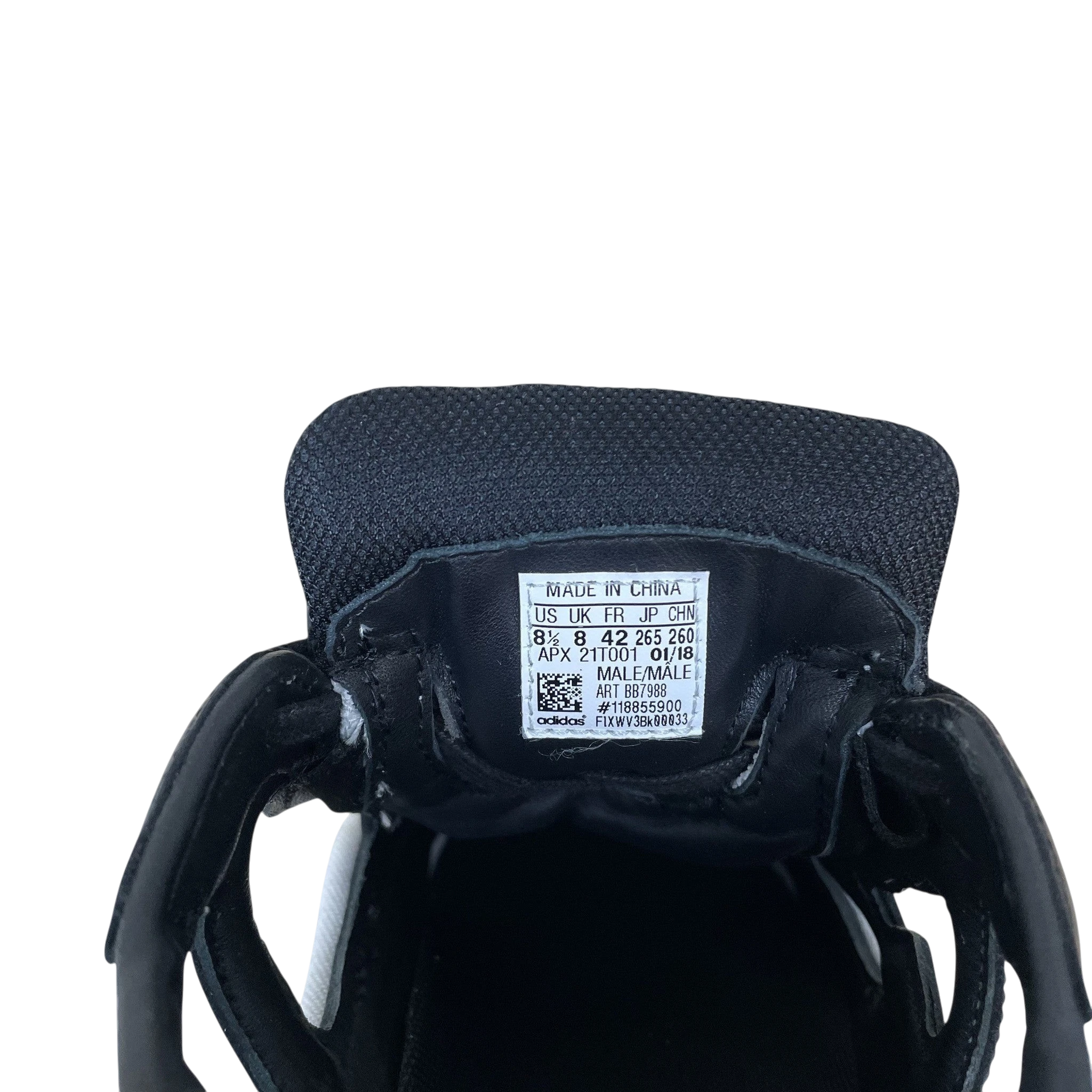 Zenno Archive Adidas x Raf Simons Ozweego Replicant sneaker size label showing US 8.5 and manufacturing details