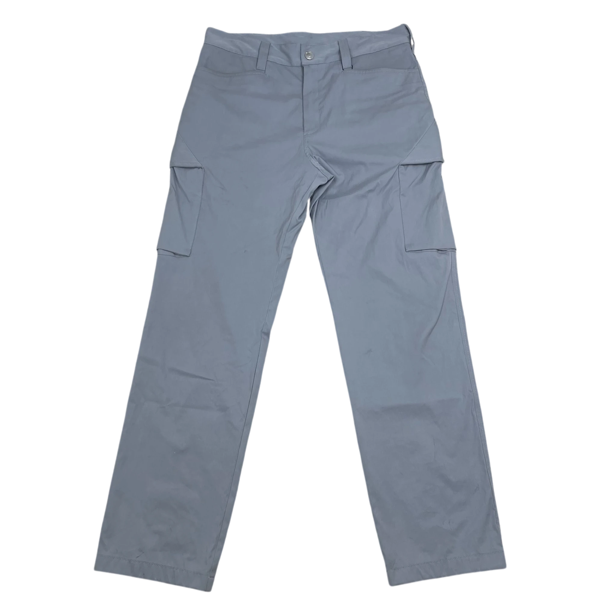 Zenno Archive AFFXWRKS grey nylon cargo pants with side pockets and a button closure, laid flat.