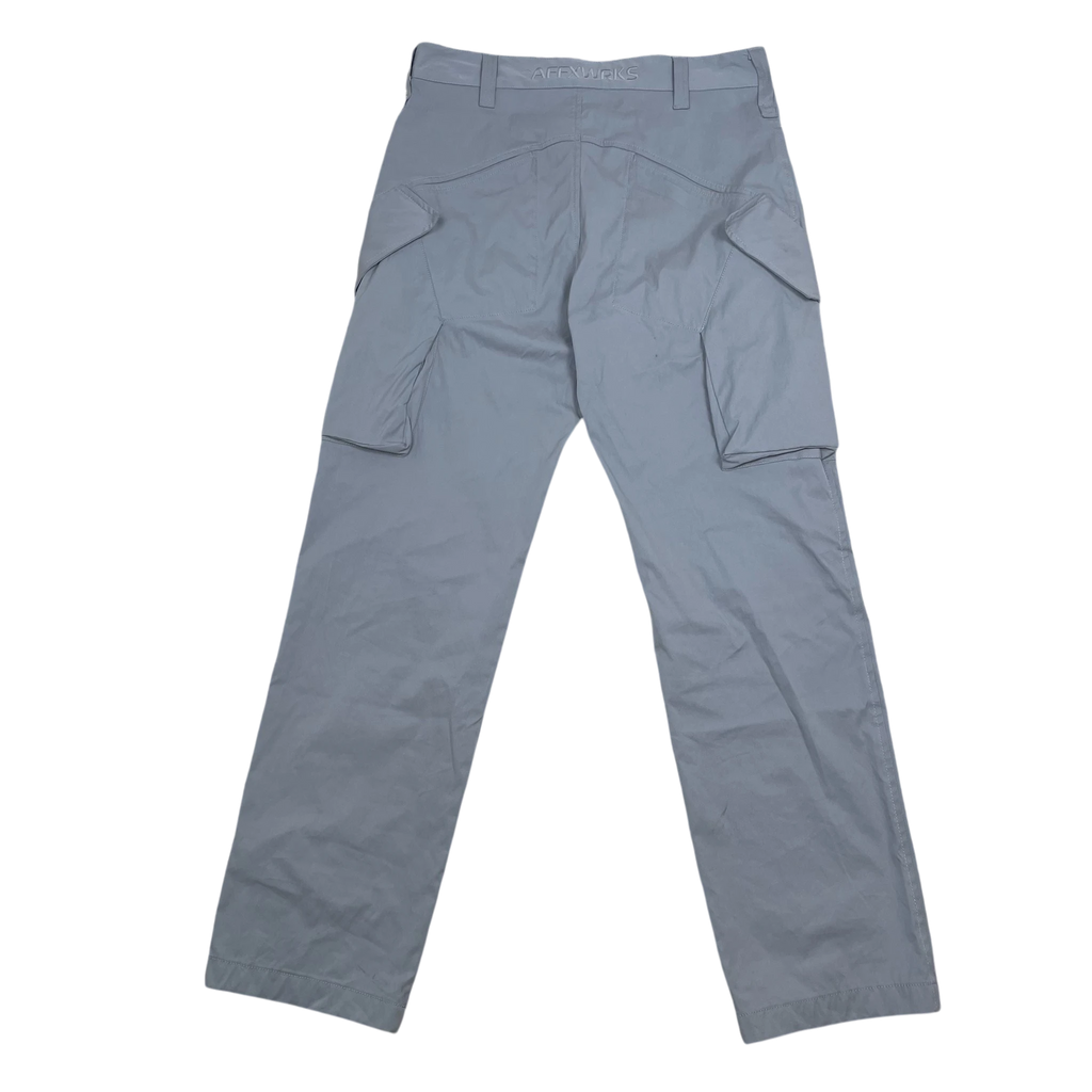 Zenno Archive AFFXWRKS grey nylon cargo pants featuring side utility pockets and back waistband branding