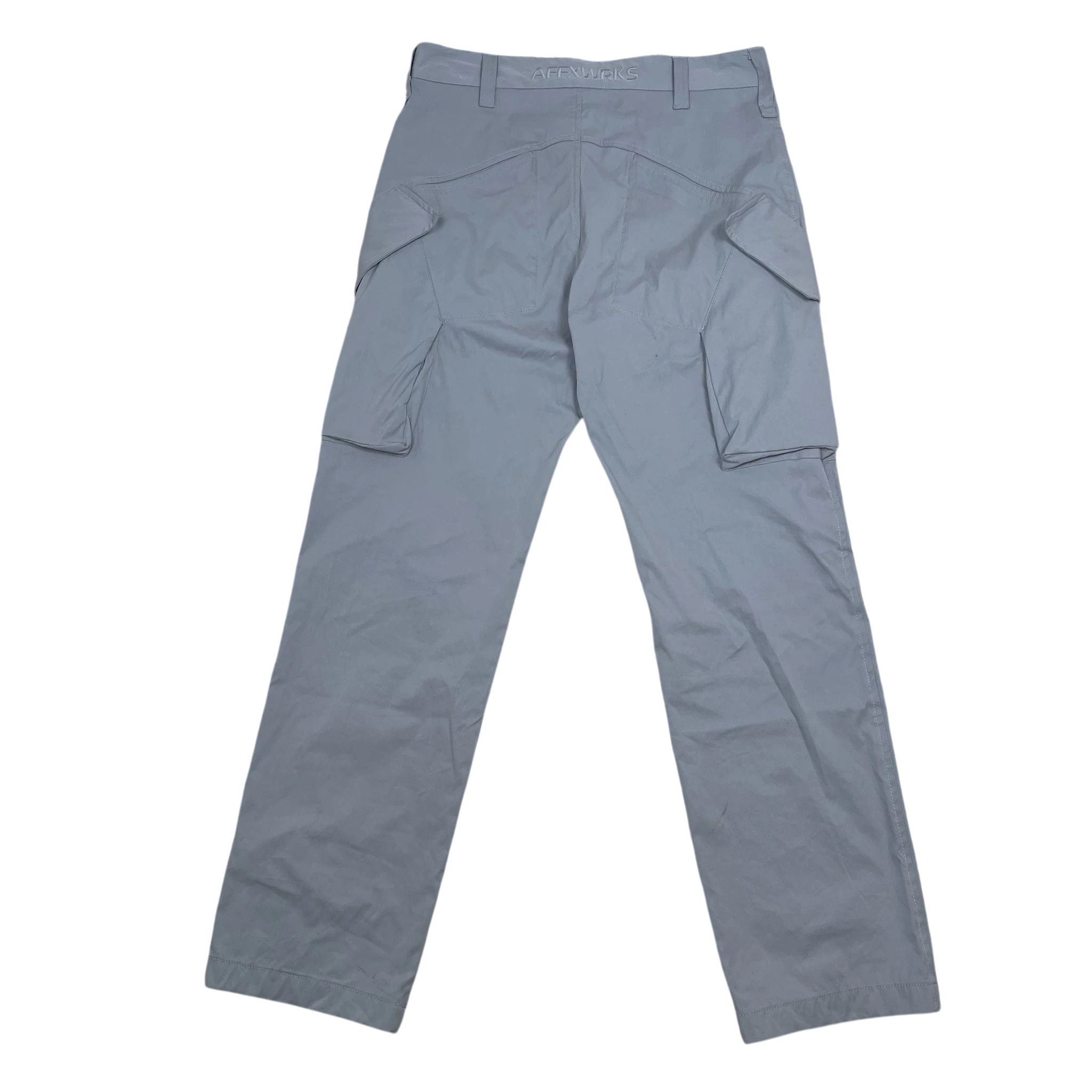 Zenno Archive AFFXWRKS grey nylon cargo pants featuring side utility pockets and back waistband branding