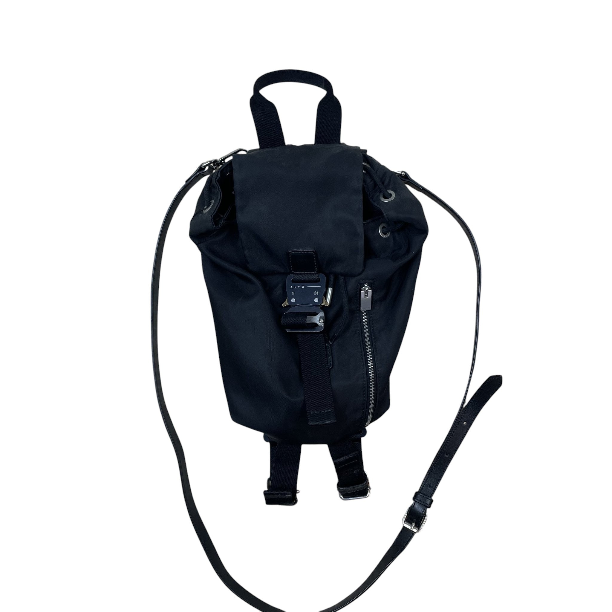 Zenno Archive Alyx black nylon backpack featuring a signature metal roller coaster buckle and leather straps.