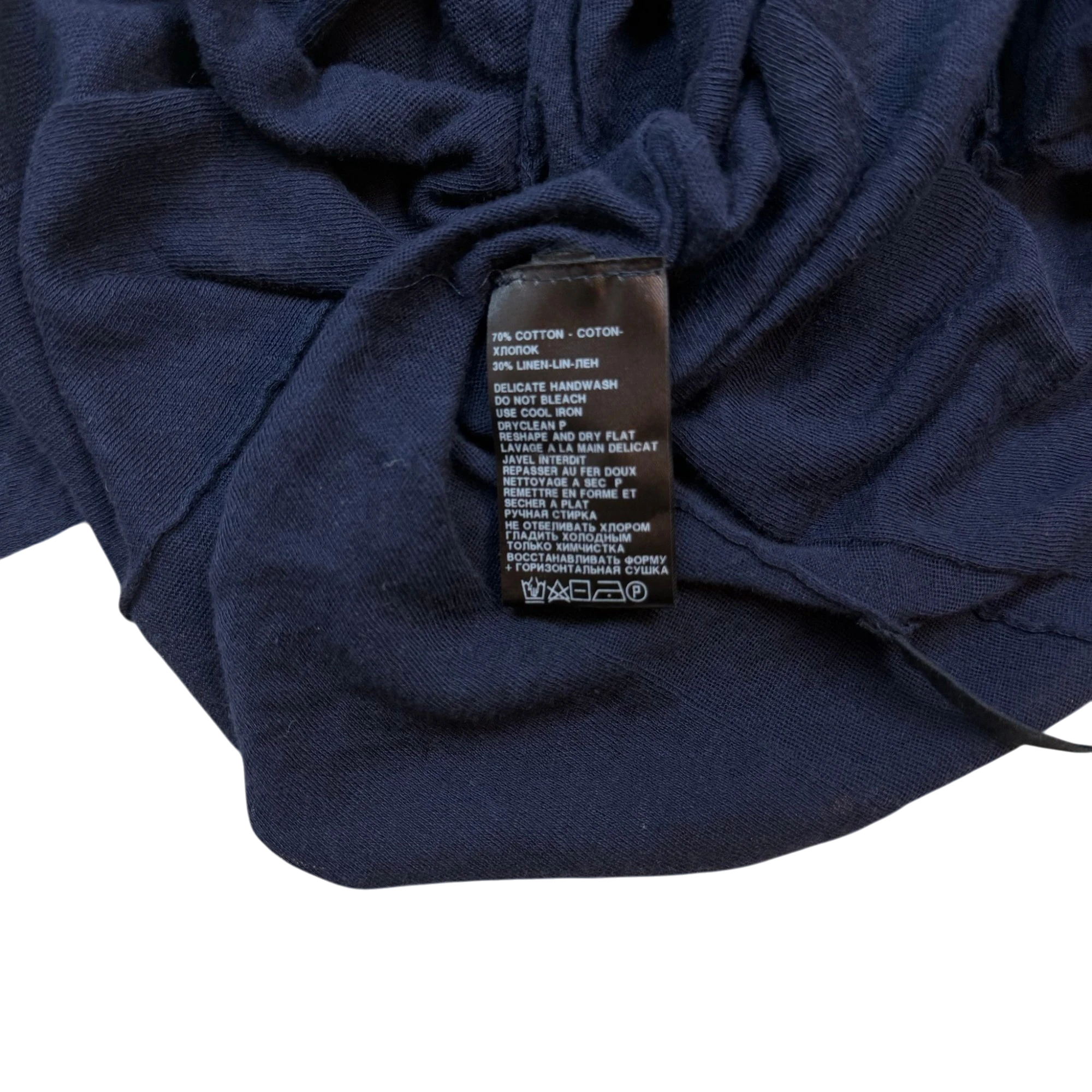Zenno Archive Ann Demeulemeester navy cotton and linen blend cardigan care label showing fabric composition