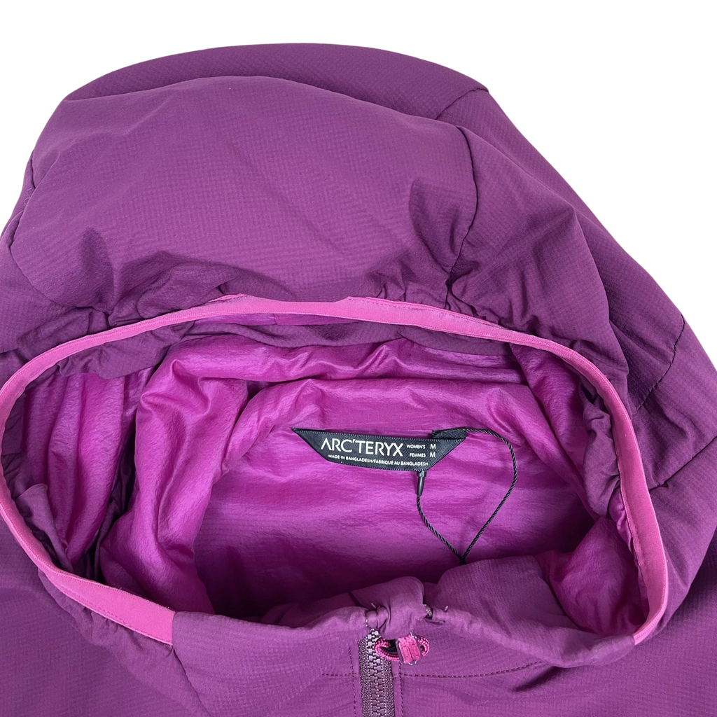 Zenno Archive Arc'teryx women's Atom LT hooded jacket in purple with internal branding and insulated lining