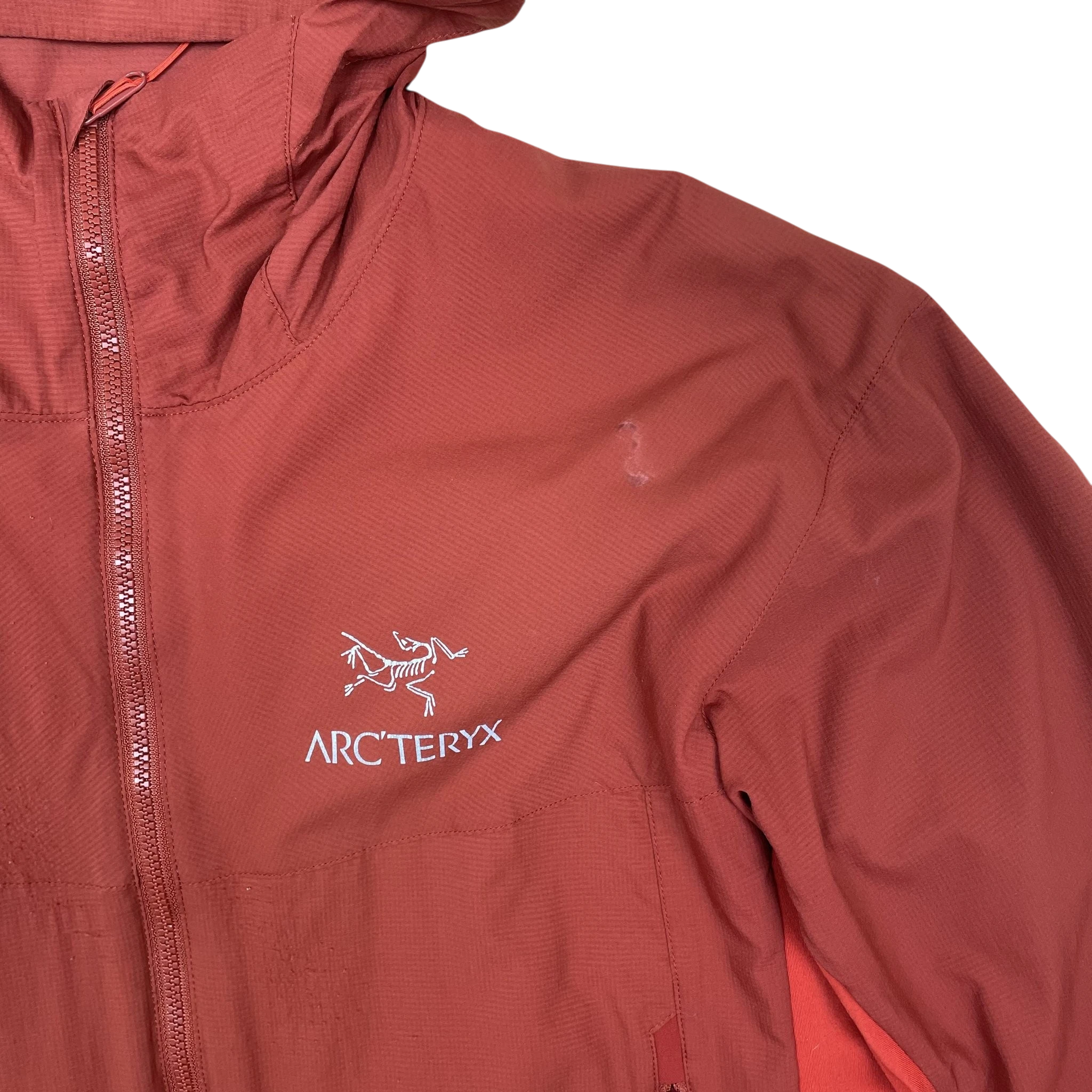 Zenno Archive Arc’teryx Atom SL red hooded jacket with white logo embroidery and visible surface wear
