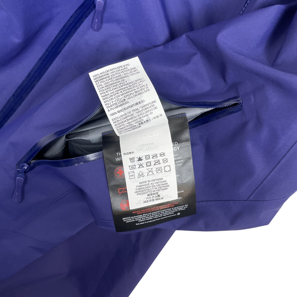 Zenno Archive Arc’teryx Beta Goretex jacket in Soulsonic purple with interior care label and waterproof zipper