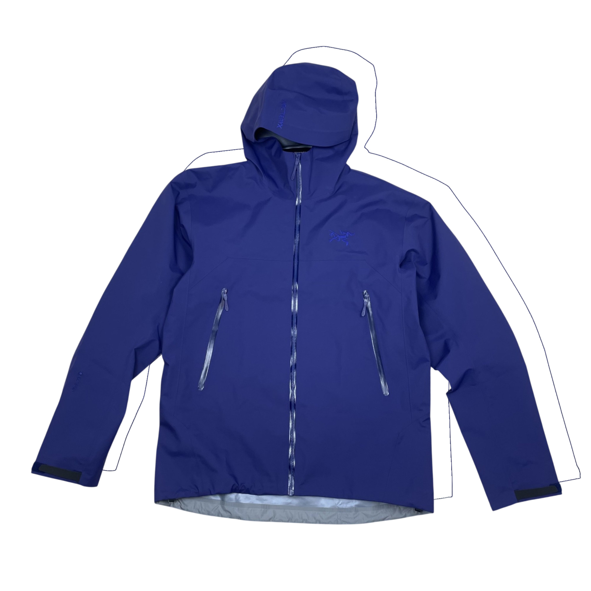 Zenno Archive Arc’teryx Beta Gore-Tex jacket in Soulsonic purple with a hood and waterproof zip pockets.