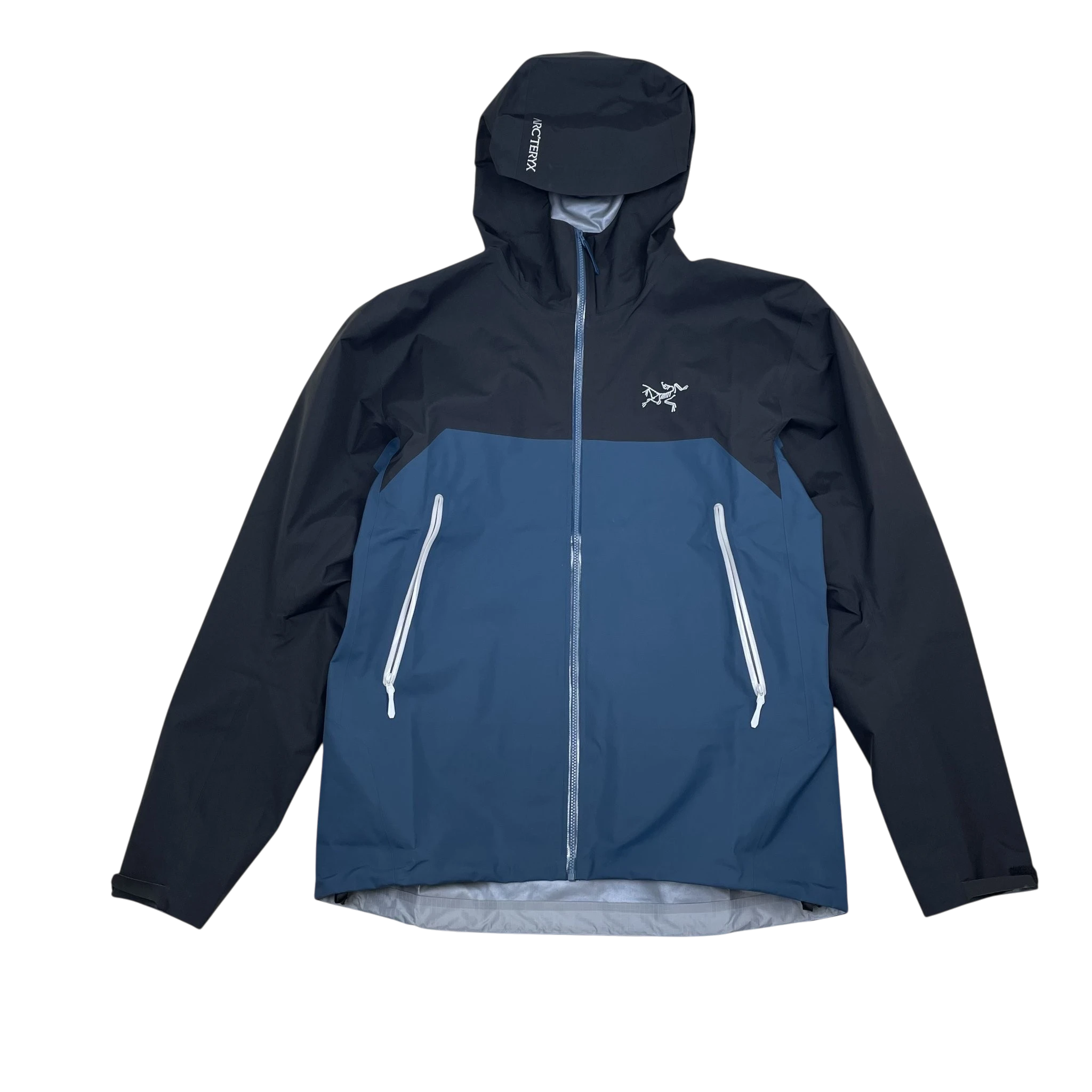 Zenno Archive Arc’teryx Beta Gore-Tex jacket in black and blue with a hooded design and front zip pockets.