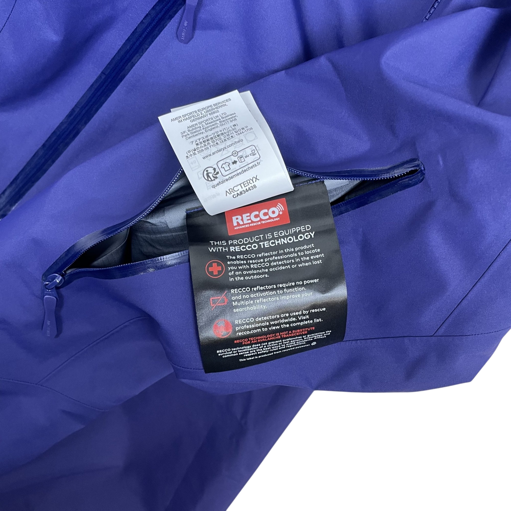 Zenno Archive Arc’teryx Beta Gore-Tex jacket in Soulsonic purple with RECCO reflector tag inside the chest pocket