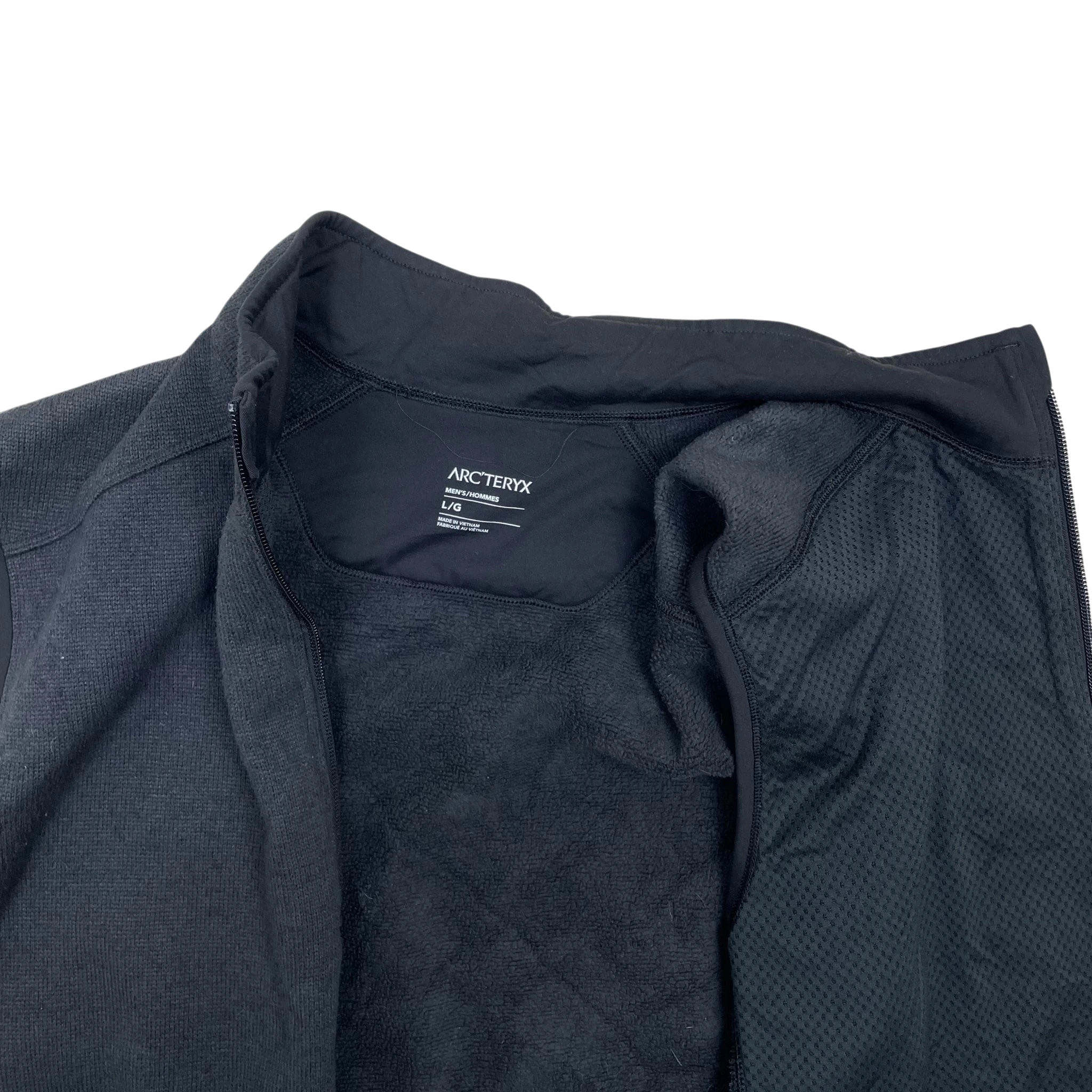 Zenno Archive Arcteryx Covert fleece vest in grey, showing the interior lining, collar, and brand label detail.