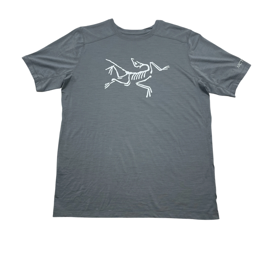 Zenno Archive grey Arcteryx dri-fit t-shirt with white fossil logo graphic on chest and short sleeves