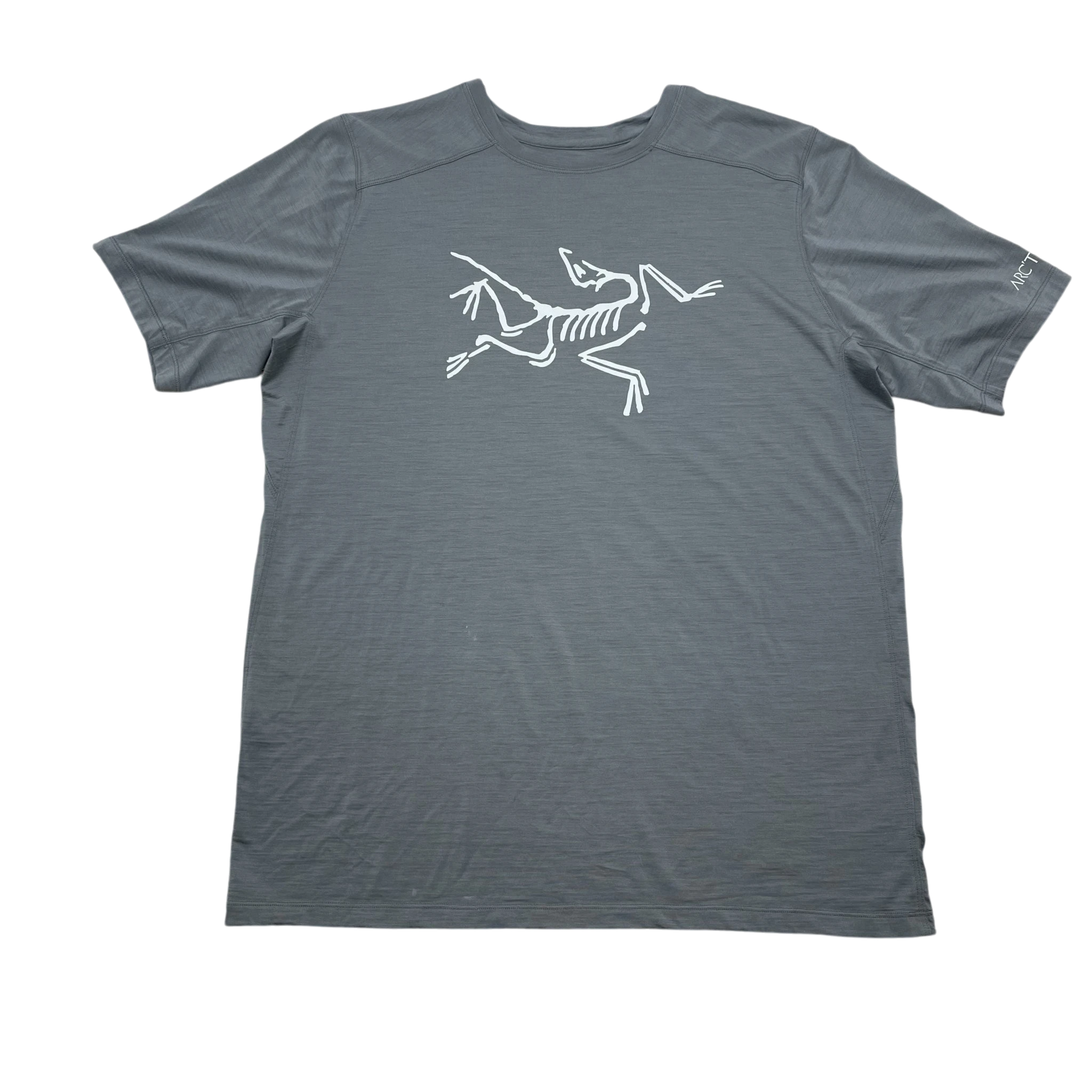 Zenno Archive grey Arcteryx dri-fit t-shirt with white fossil logo graphic on chest and short sleeves