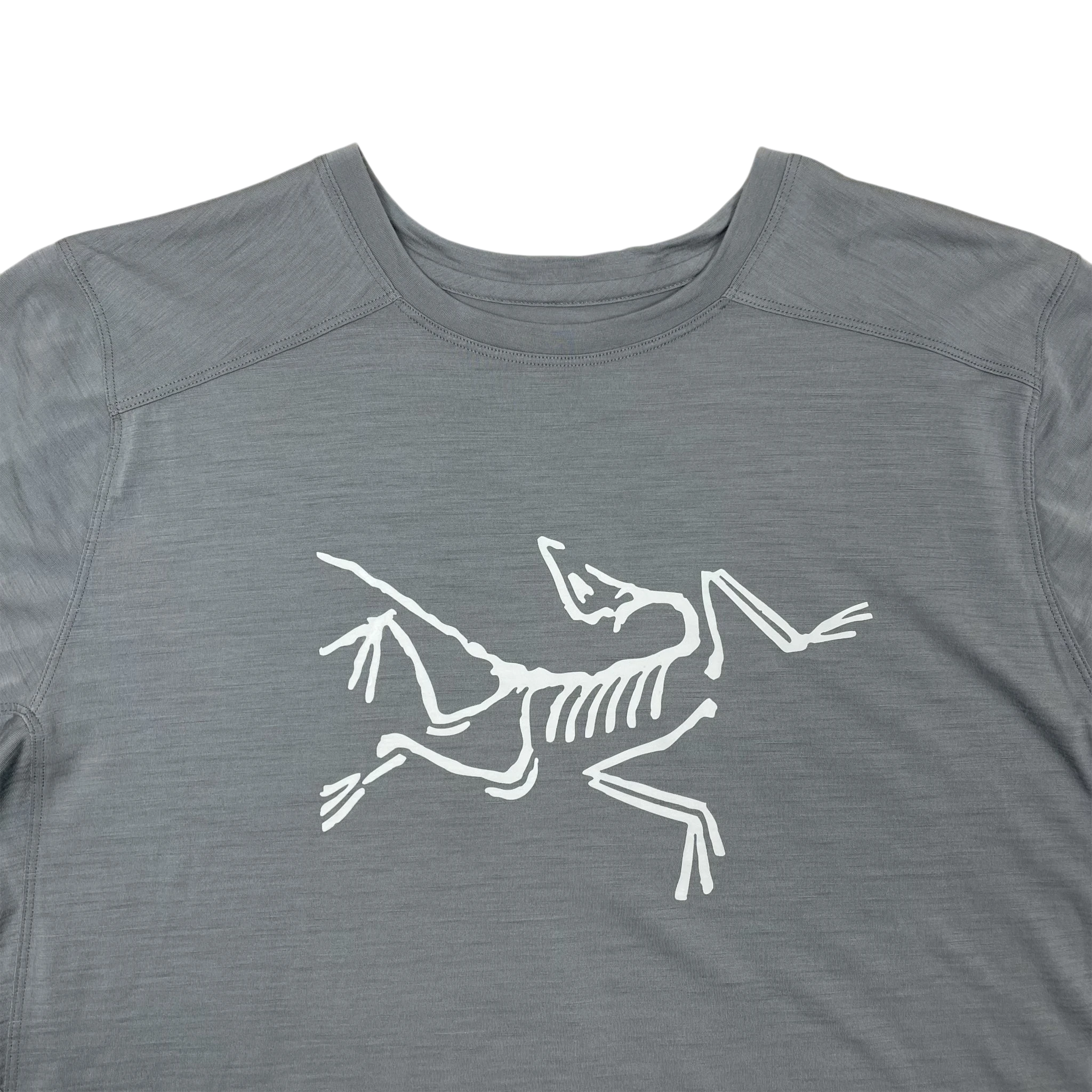 Zenno Archive grey Arcteryx dri-fit t-shirt featuring a white skeletal bird logo graphic on the chest