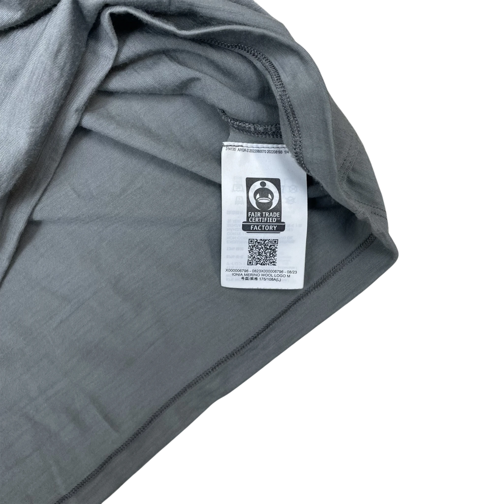 Zenno Archive grey Arcteryx Ionia merino wool t-shirt interior label with Fair Trade Certified logo