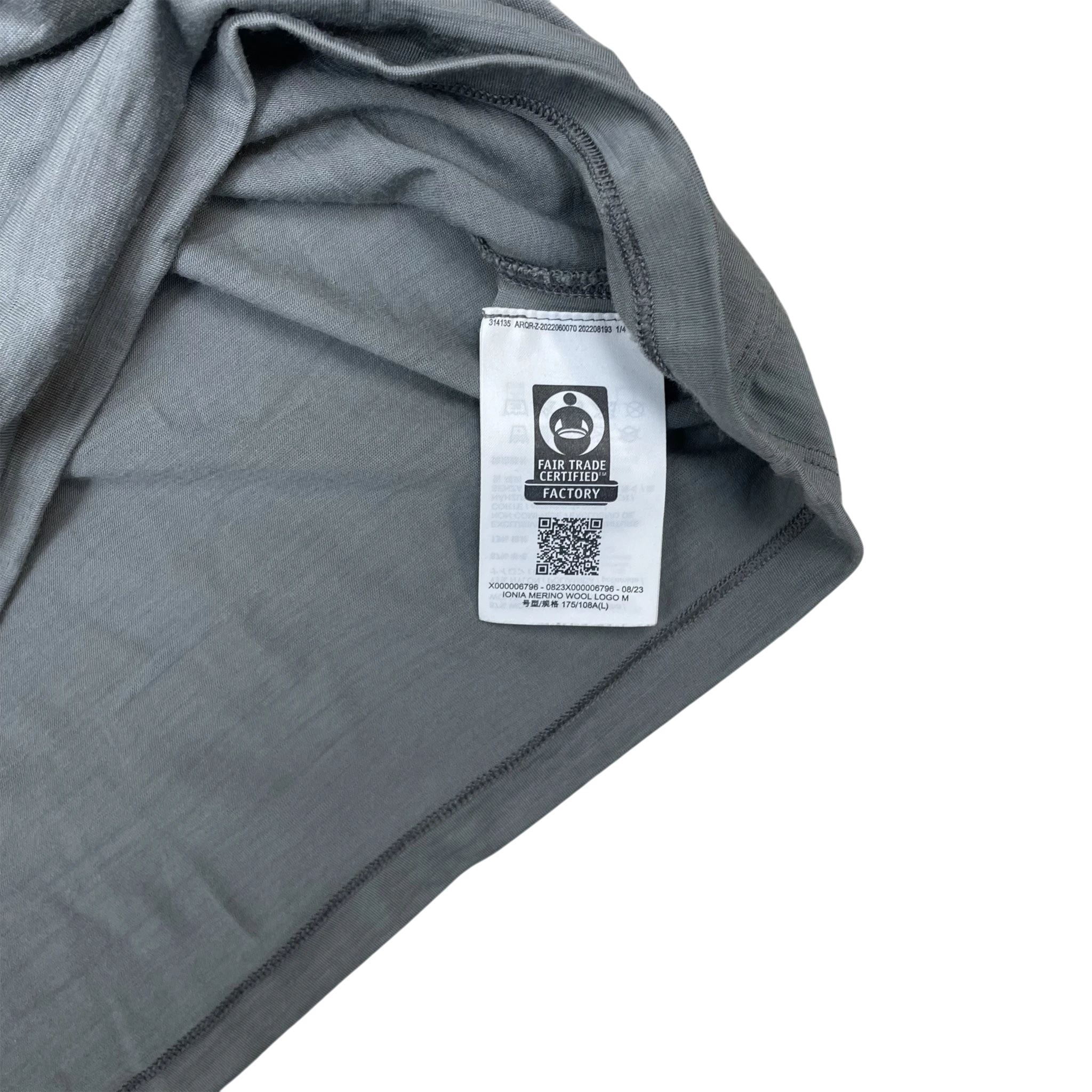 Zenno Archive grey Arcteryx Ionia merino wool t-shirt interior label with Fair Trade Certified logo