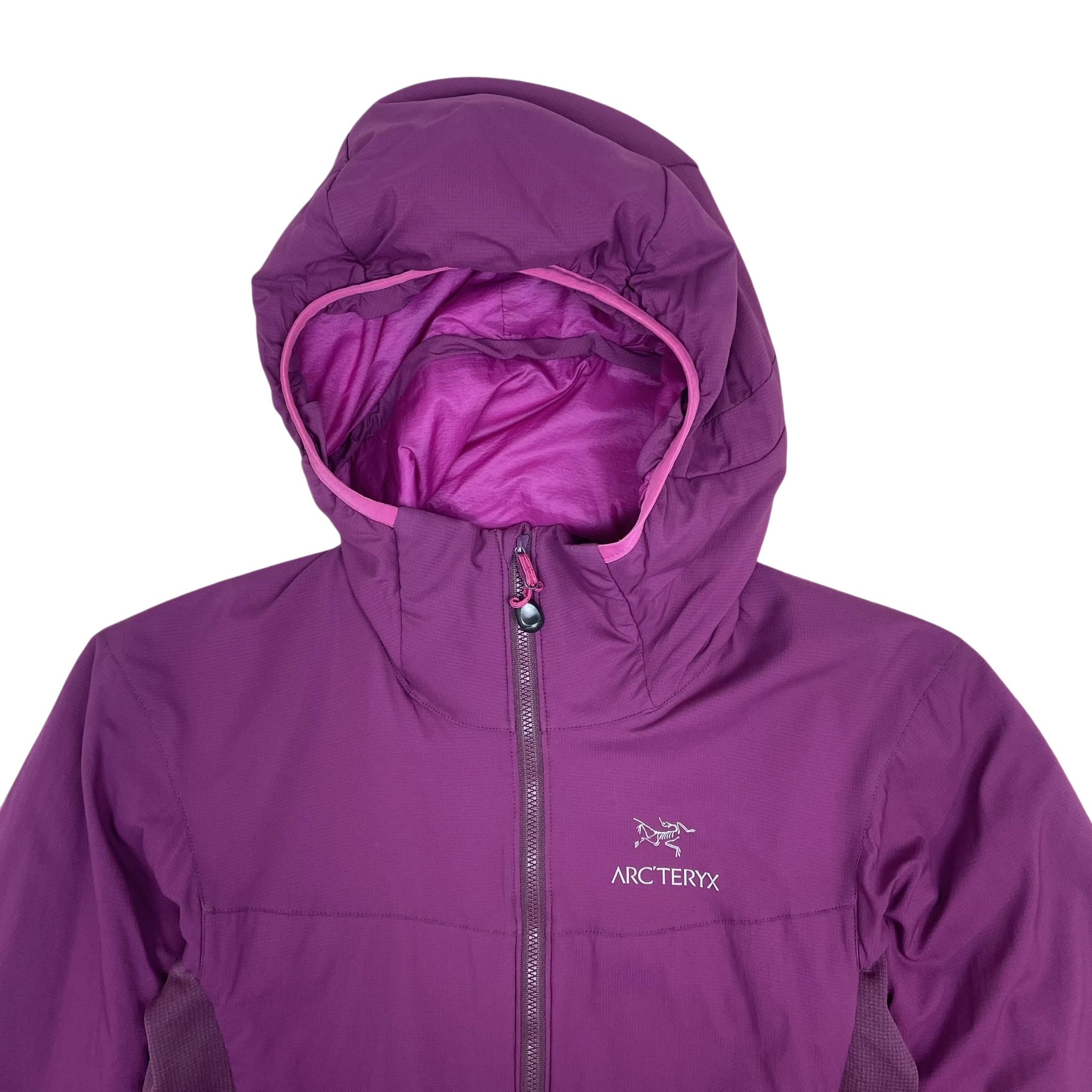 Zenno Archive Arc'teryx Women's Atom LT hooded jacket in purple with front zip and embroidered logo