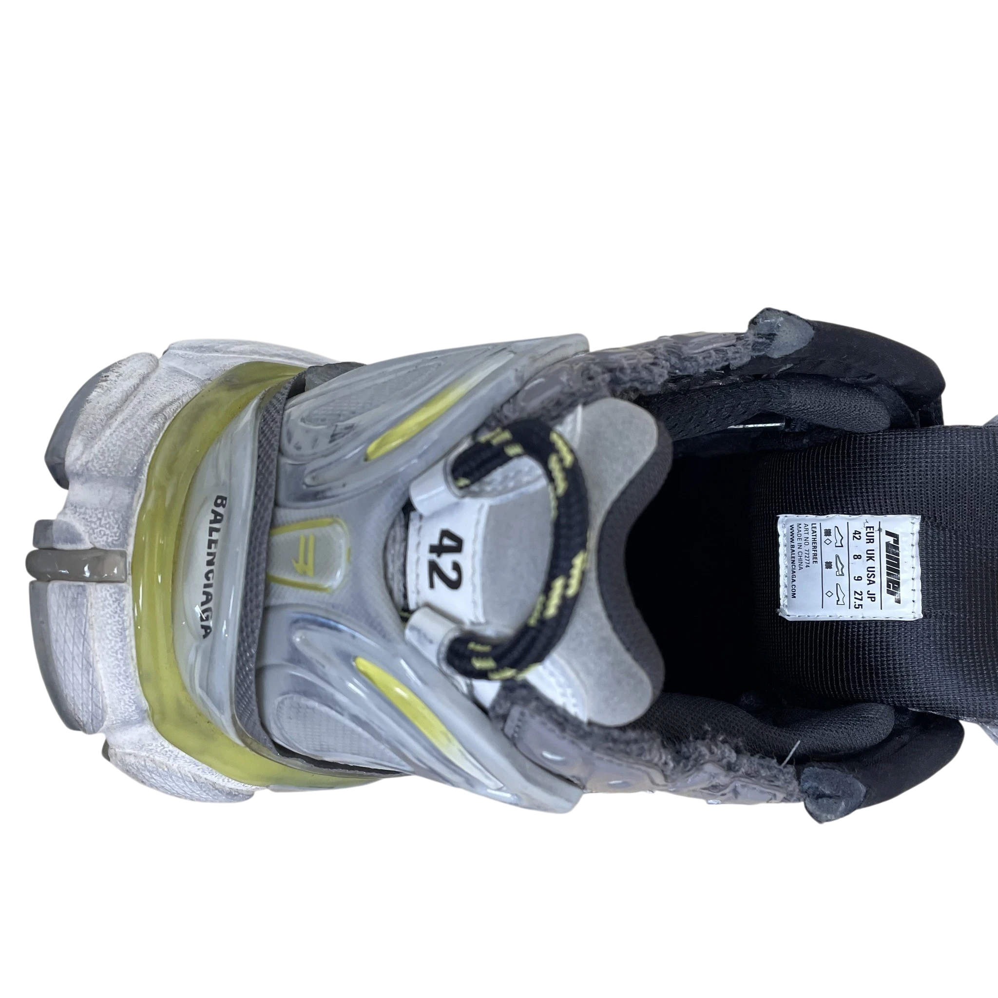 Zenno Archive Balenciaga 2022 Runner sneaker in grey and yellow with size 42 label visible on the tongue