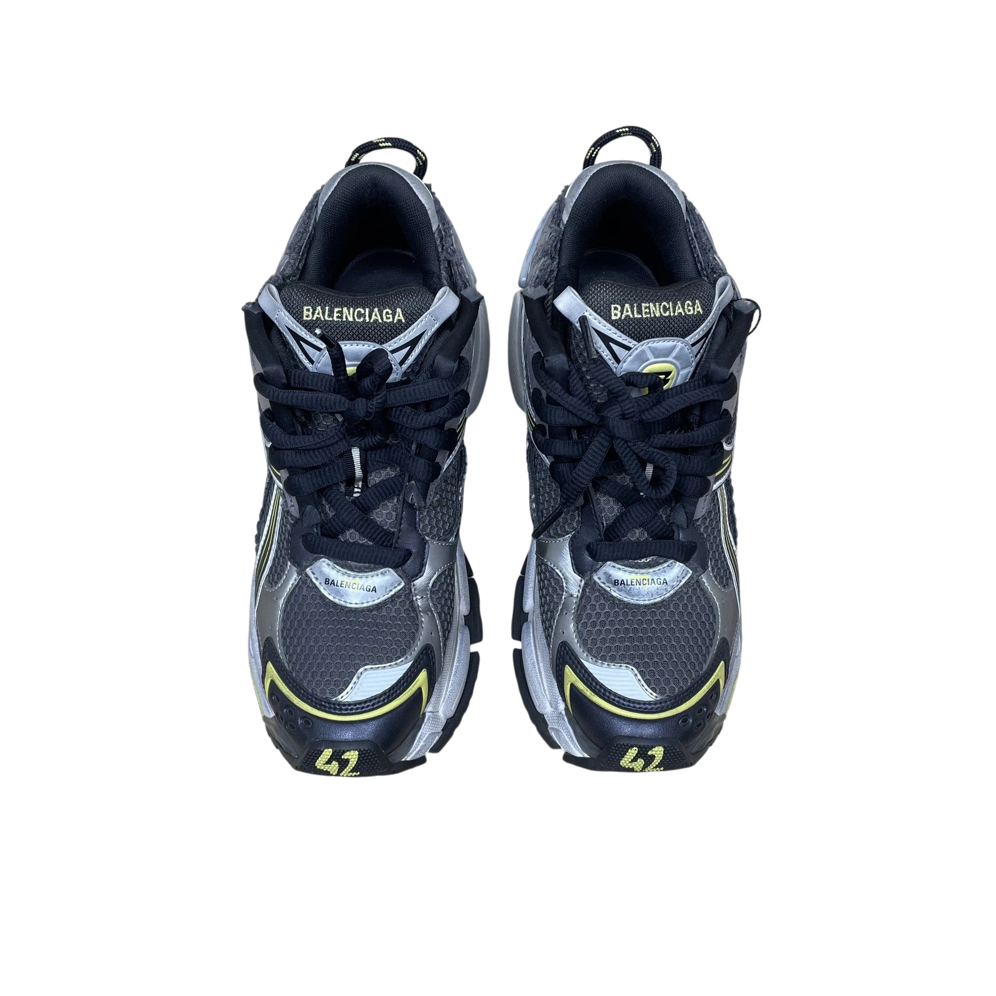 Zenno Archive Balenciaga 2022 Runner sneakers in grey and yellow with black laces and size 42 detailing