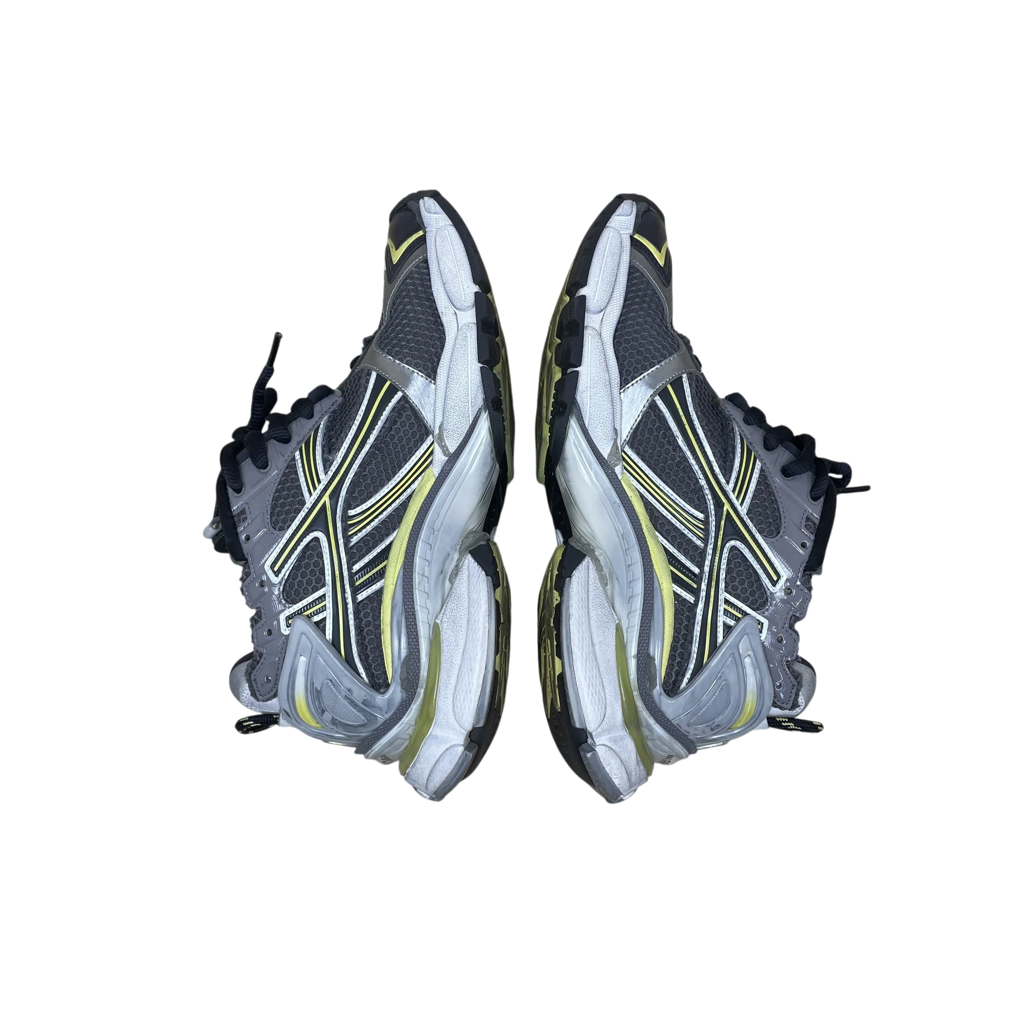 Zenno Archive Balenciaga 2022 Runner sneakers in grey and yellow with mesh and synthetic overlays.
