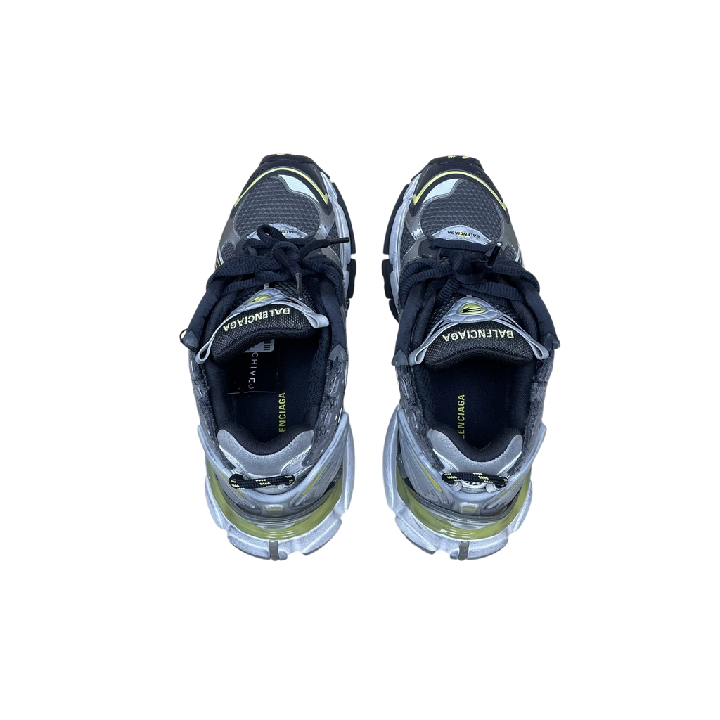 Zenno Archive Balenciaga 2022 Runner sneakers in grey and yellow with black laces, top-down view