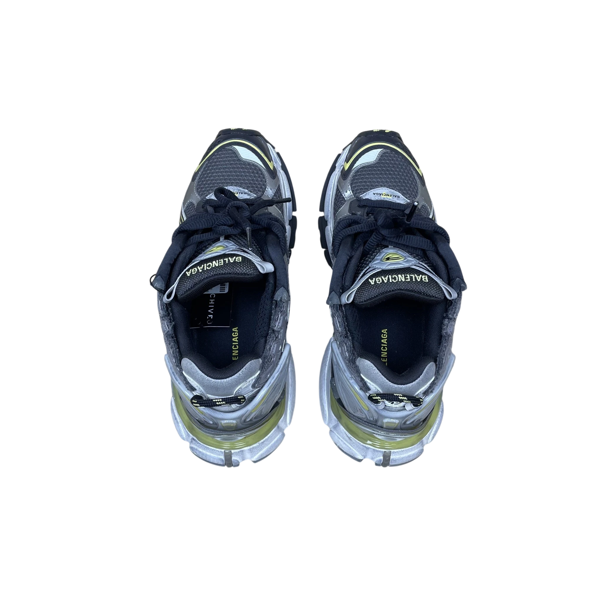 Zenno Archive Balenciaga 2022 Runner sneakers in grey and yellow with black laces, top-down view