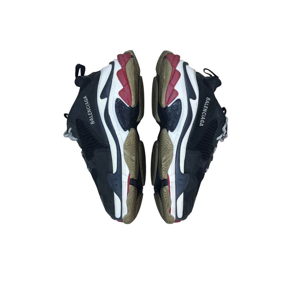 Zenno Archive Balenciaga Triple S sneakers in black, red, and white with chunky layered soles and side logo branding.