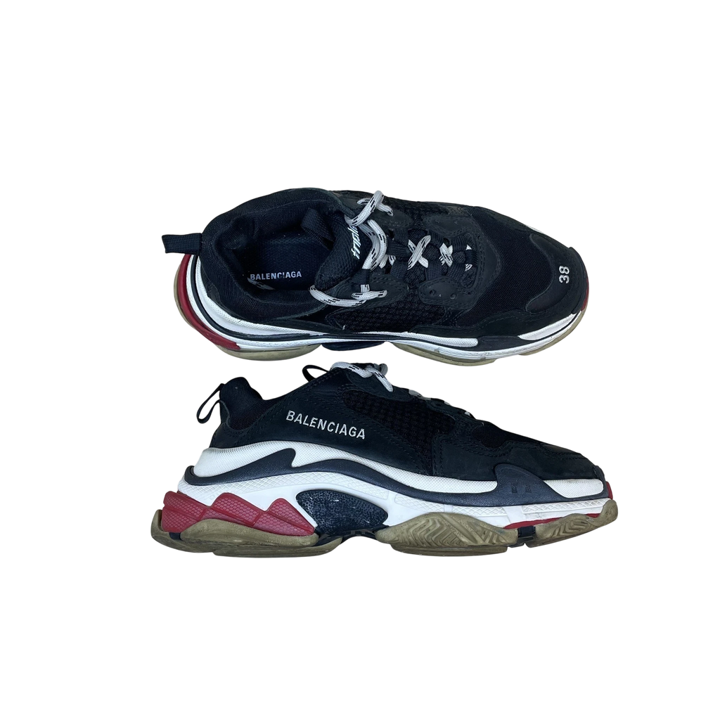 Zenno Archive Balenciaga Triple S sneakers in black, red, and white with chunky soles and size 38 embroidery.