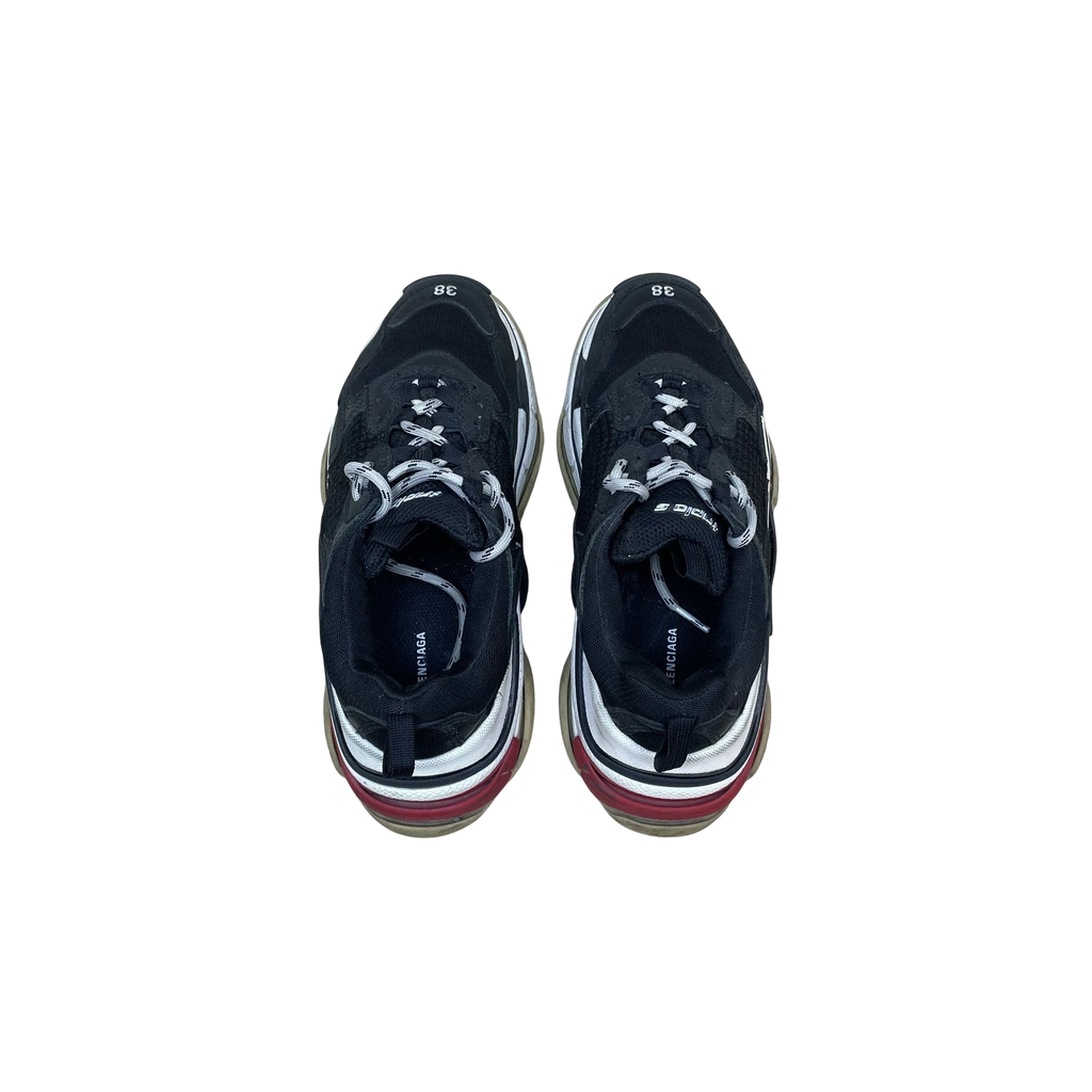 Zenno Archive Balenciaga Triple S sneakers in black, white, and red with size 38 embroidery, top-down view.