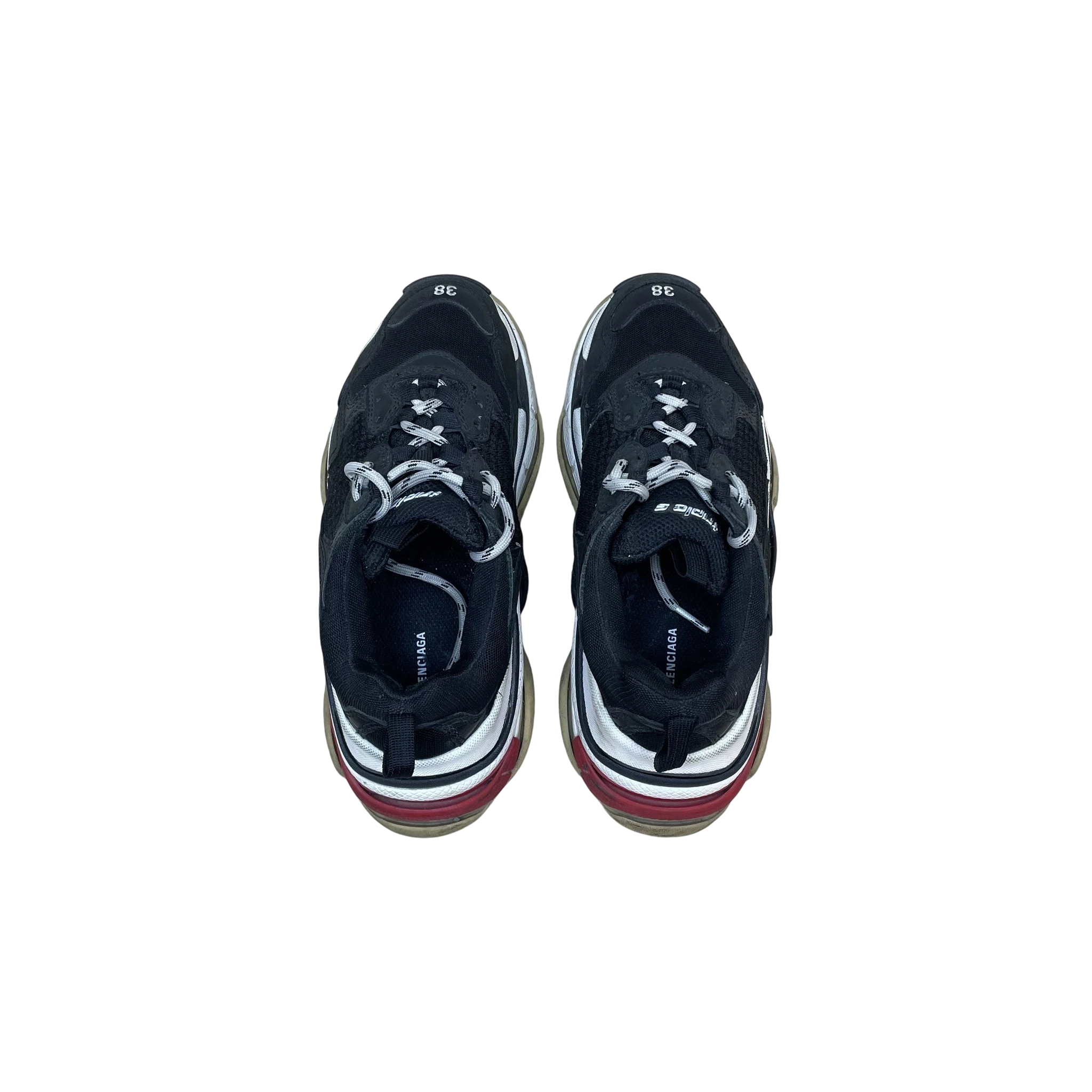 Zenno Archive Balenciaga Triple S sneakers in black, white, and red with size 38 embroidery, top-down view.