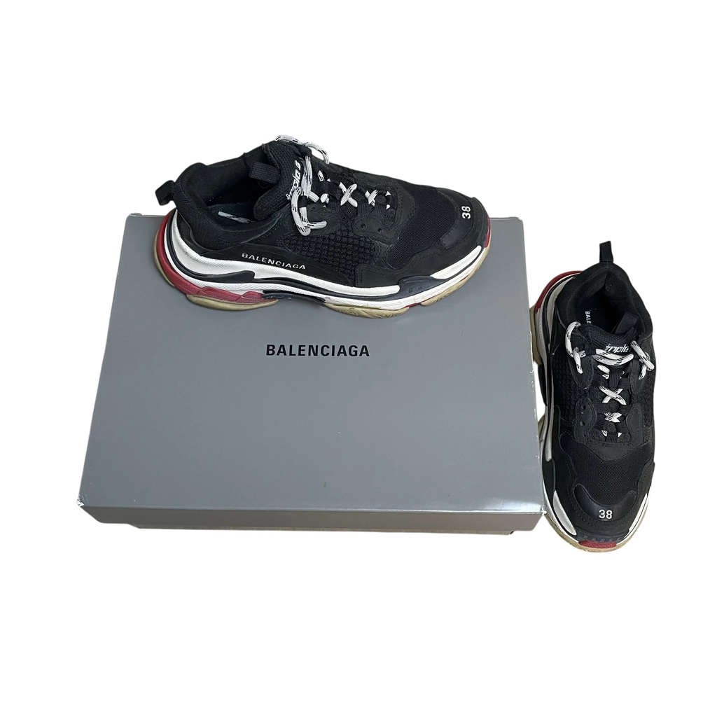 Zenno Archive Balenciaga Triple S sneakers in black, red, and white with chunky soles and size 38 embroidery