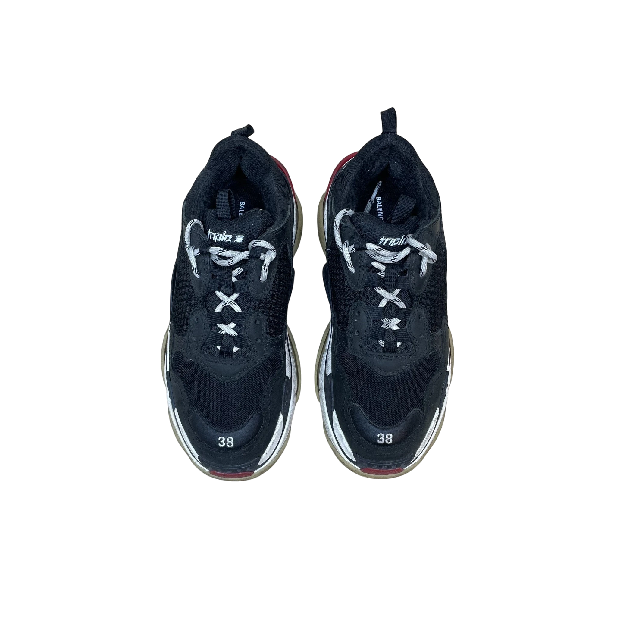 Zenno Archive Balenciaga Triple S sneakers in black, red, and white with size 38 embroidery on the toe