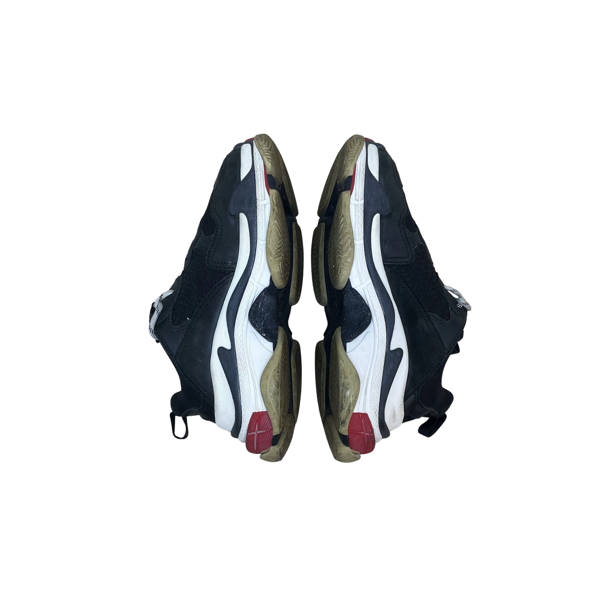 Zenno Archive Balenciaga Triple S sneakers in black, white, and red with a chunky layered sole, top-down view.