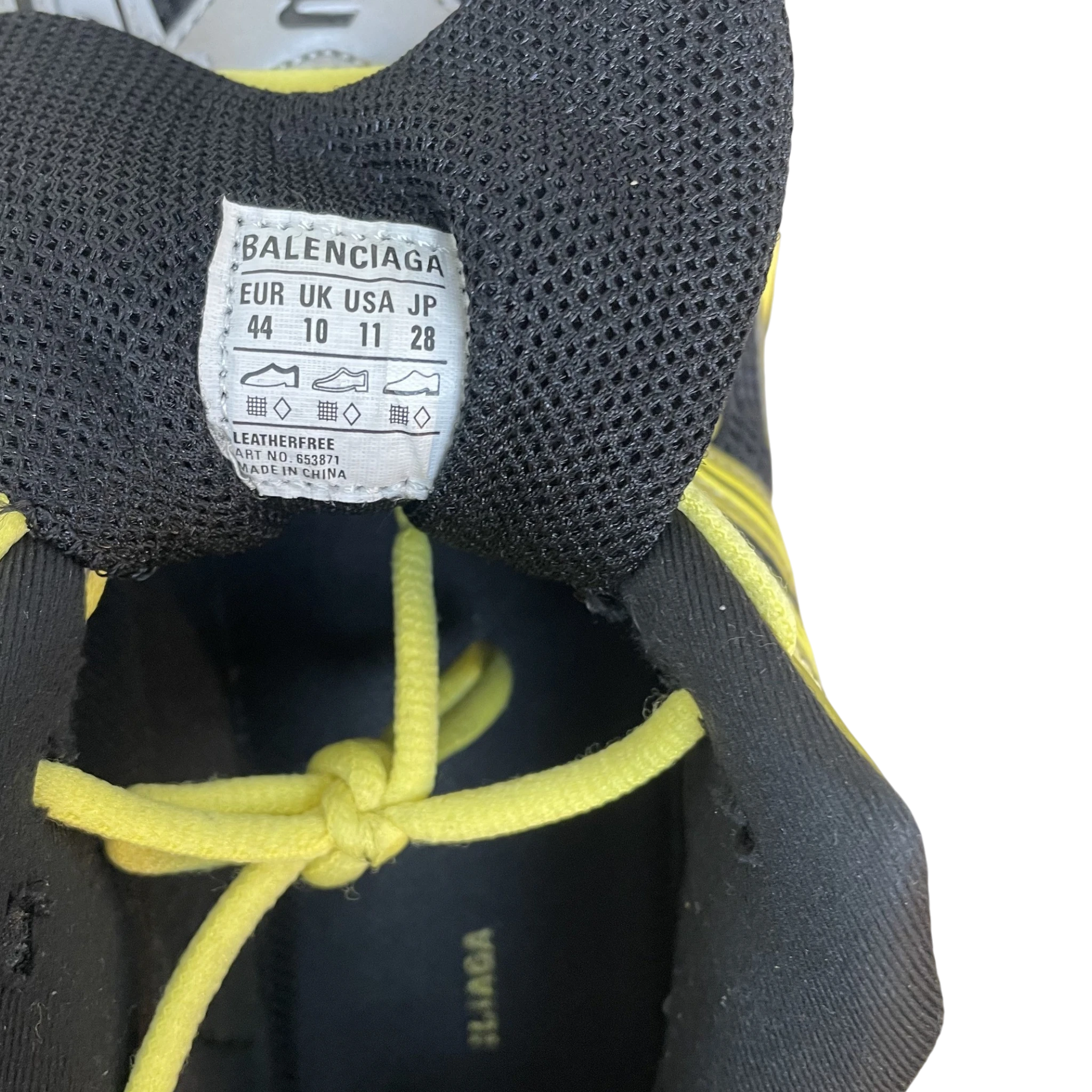 Zenno Archive Balenciaga X-Pander sneaker interior showing size label and yellow laces against black mesh lining