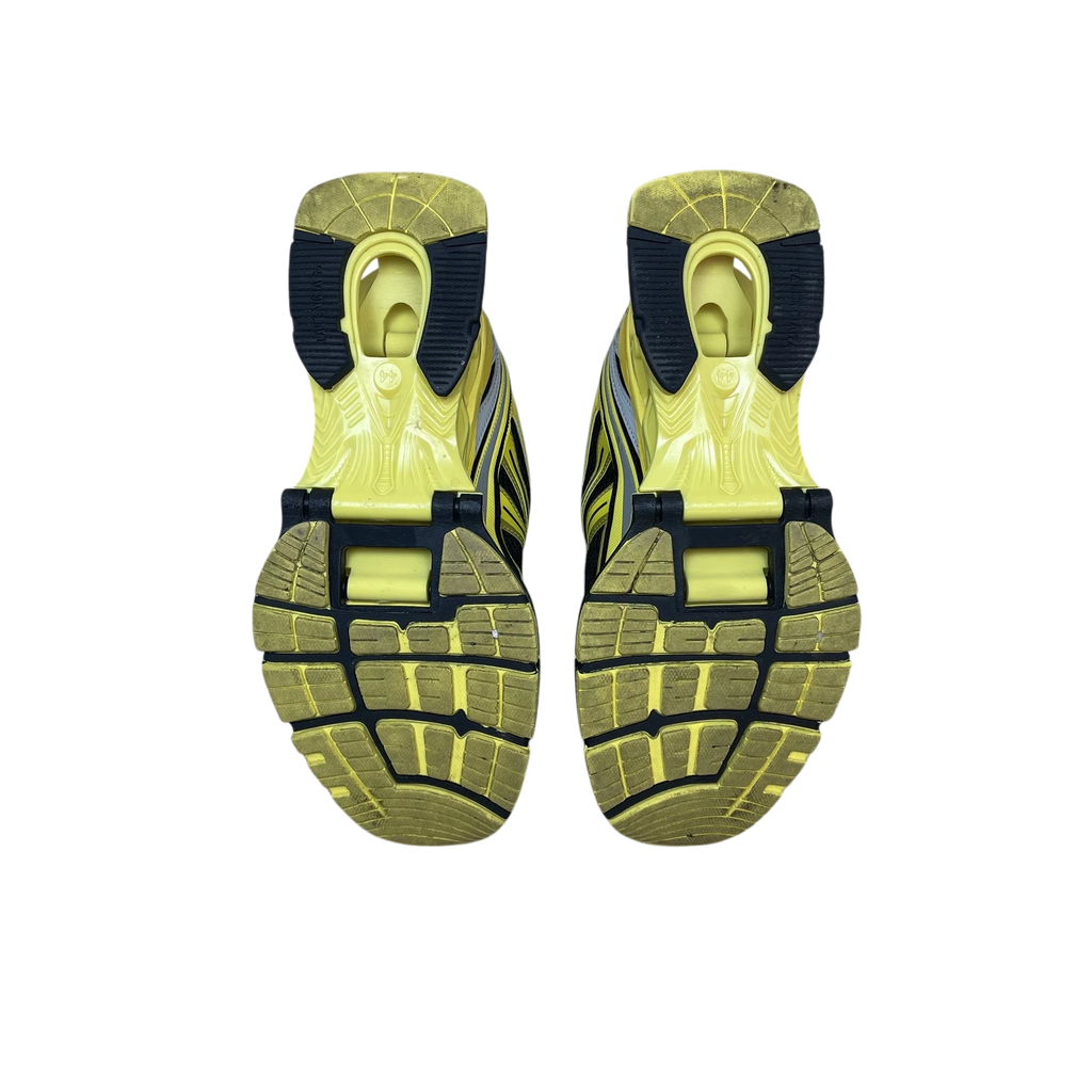 Zenno Archive Balenciaga X-Pander sneakers in yellow and black with a unique suspended heel design, bottom view.