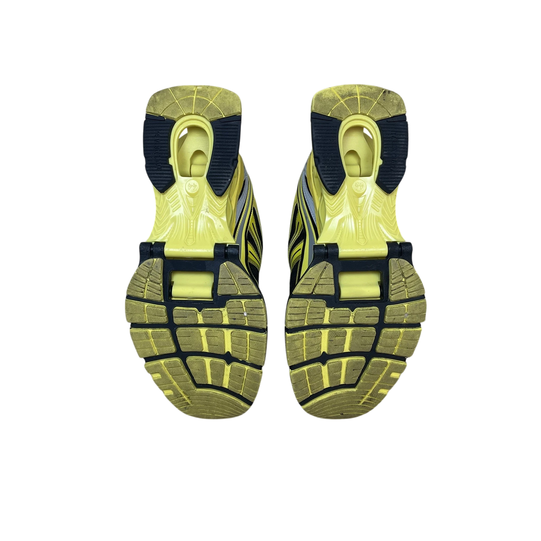 Zenno Archive Balenciaga X-Pander sneakers in yellow and black with a unique suspended heel design, bottom view.