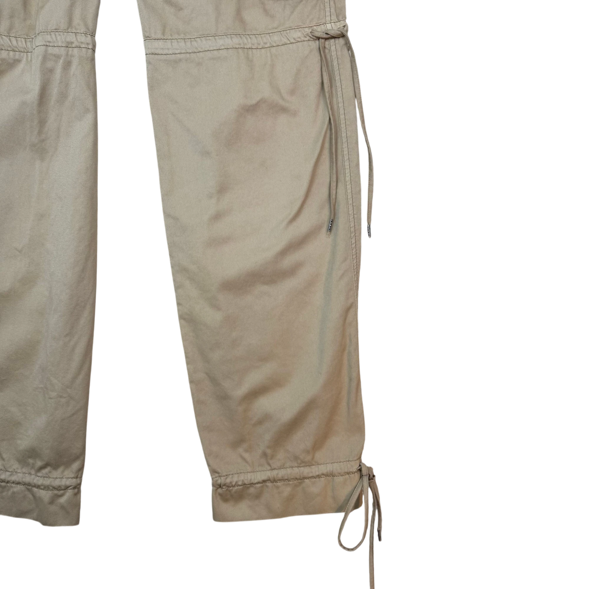Zenno Archive beige cotton cargo pants with side drawstring ties and cinched cuffs