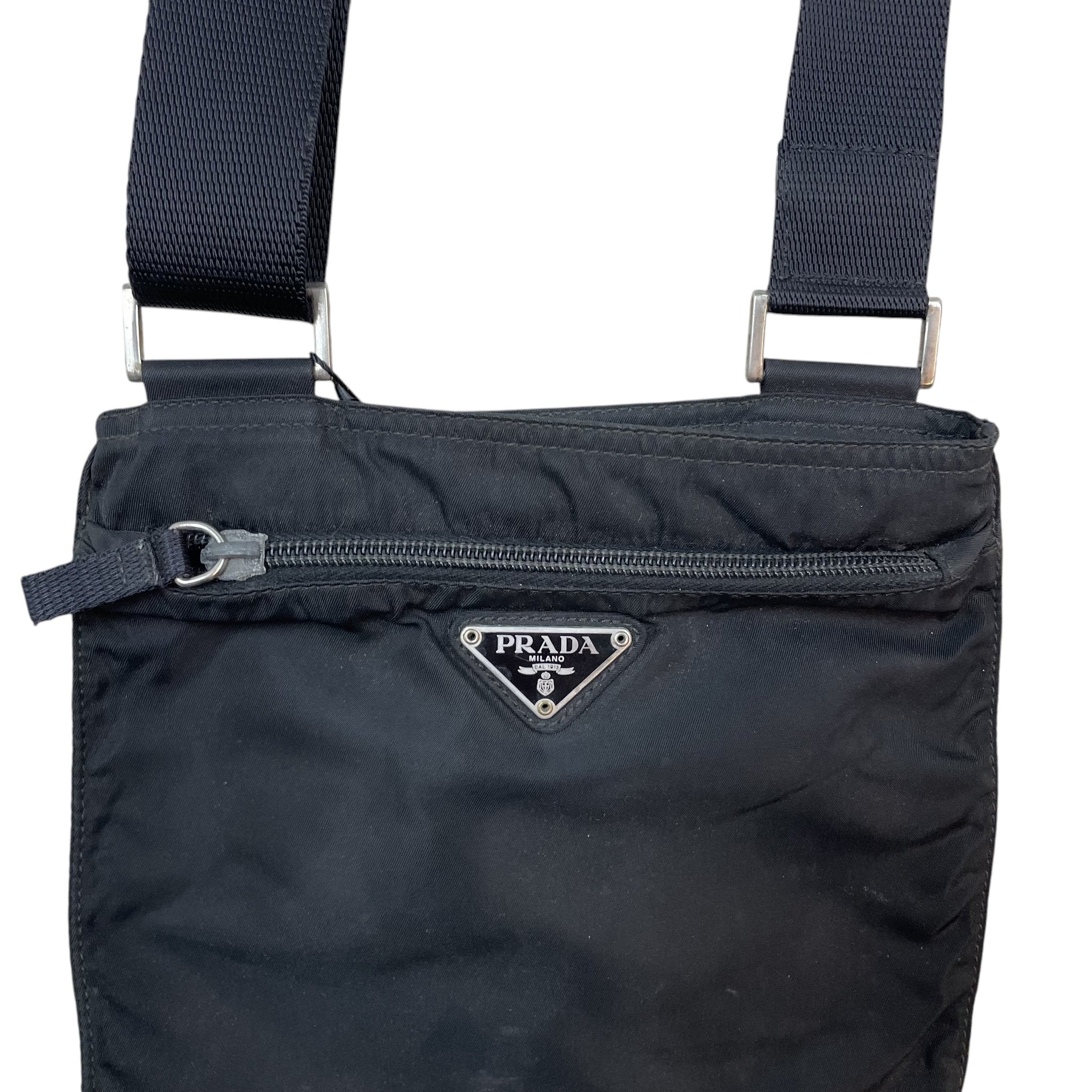 Zenno Archive black Prada nylon cross body bag with front zip pocket and signature triangular logo plaque
