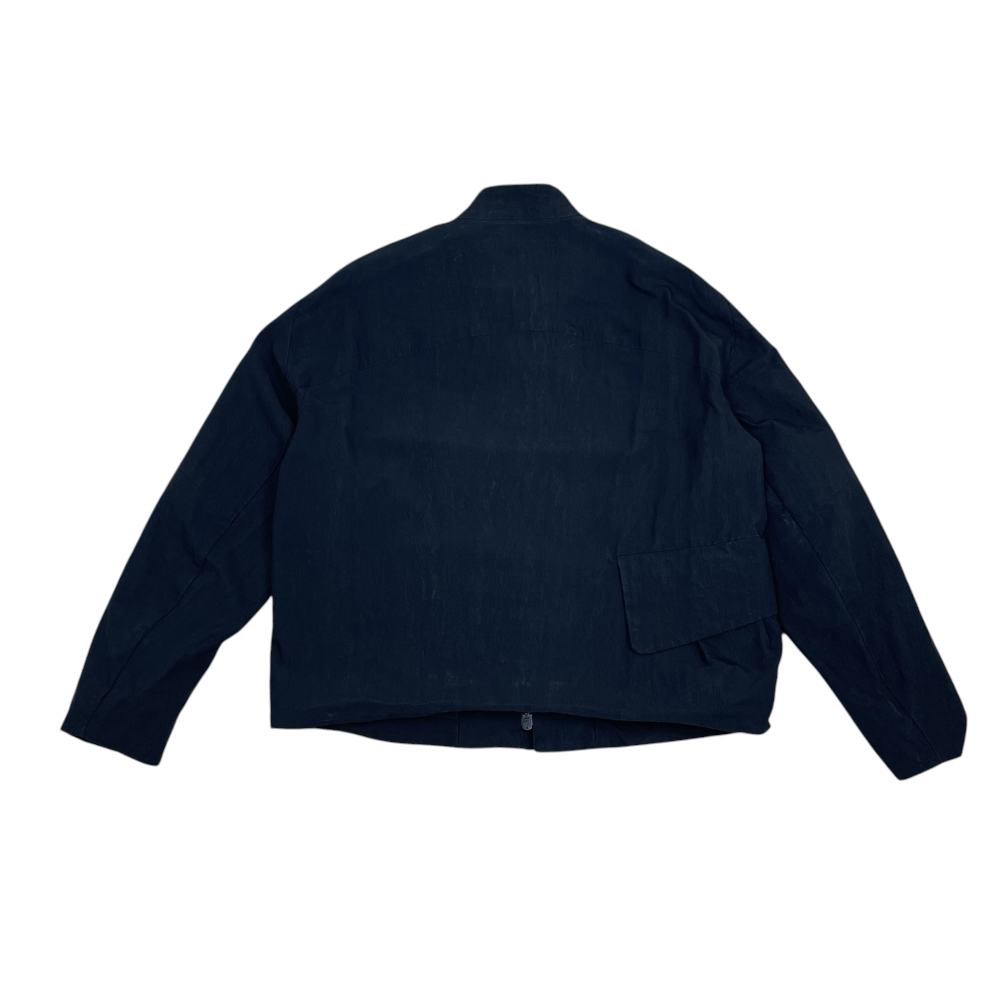 Back view of Zenno Archive Common Divisor Vale stand collar jacket in black with a structured fit