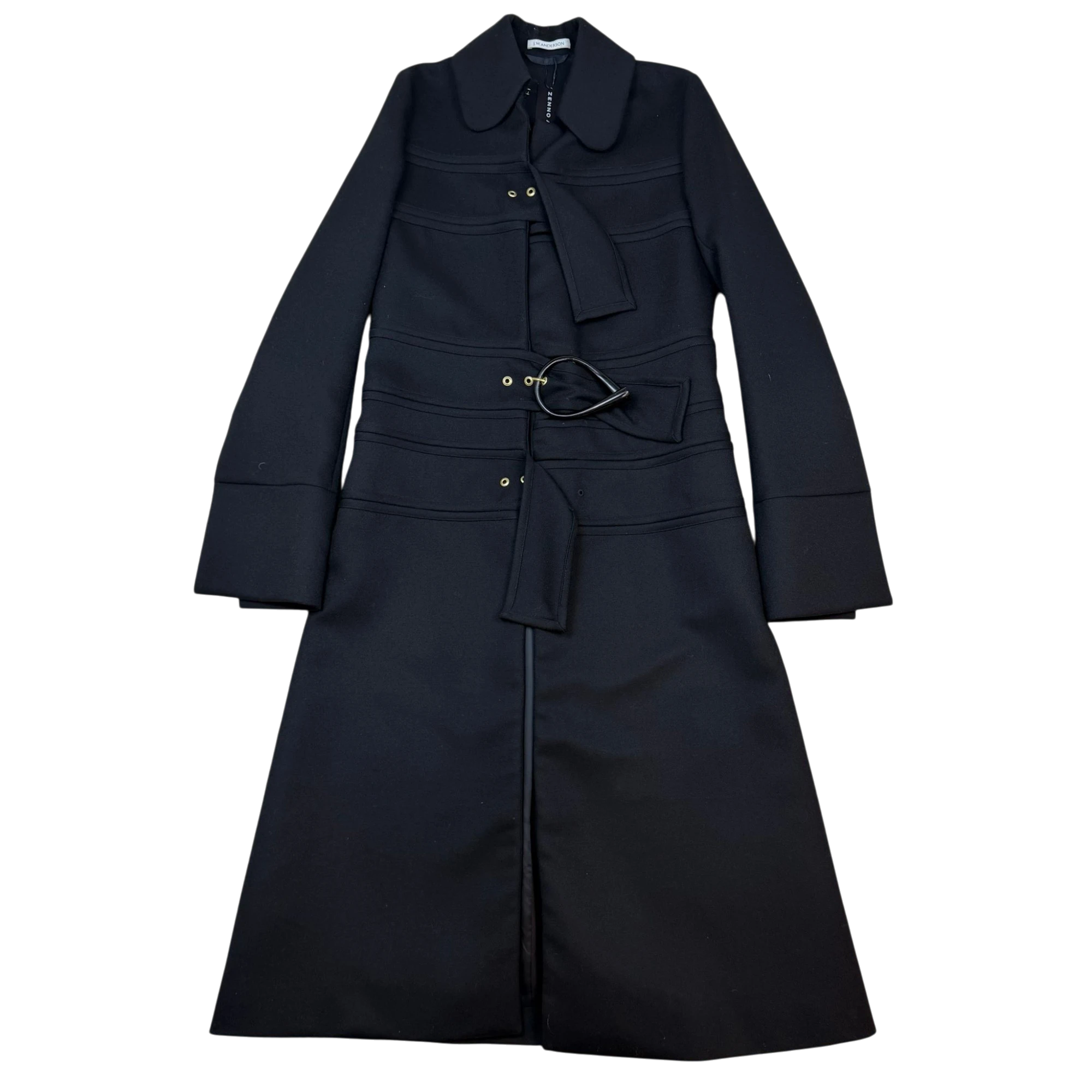 Zenno Archive black wool coat featuring a multi-strap design, structured collar, and a unique metal waist buckle.
